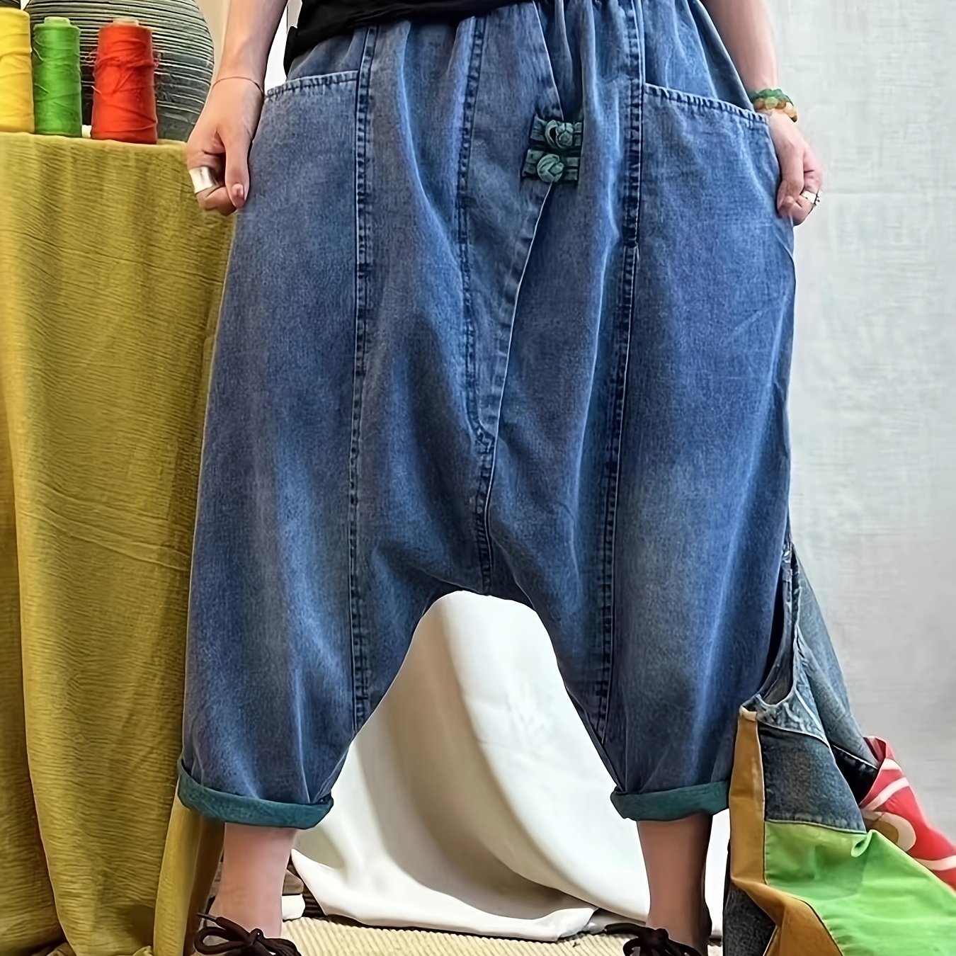 TEMU Women's Denim Jeans, Frog Button Chinese Knot Washed Loose Fit 7-inch Capri Pants, Y2k Baddie Style Retro Trousers