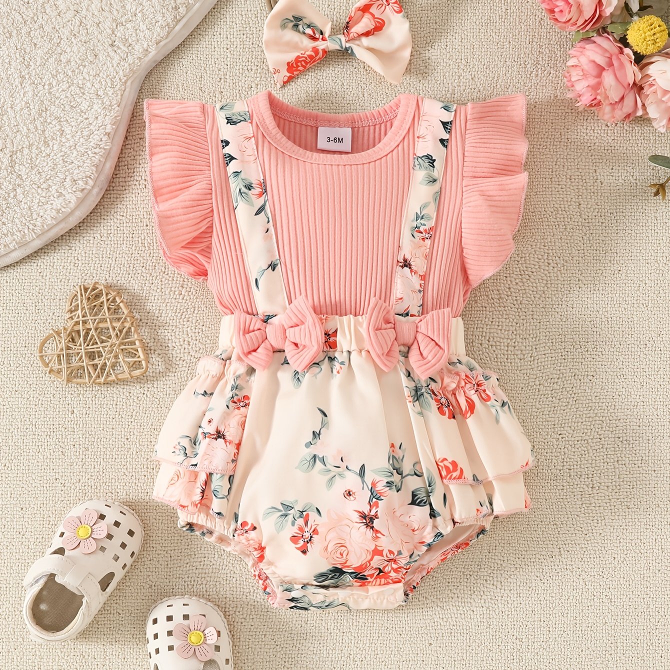 Image of Baby Girl Flying Sleeve Potholes Splicing Small Fresh Bow Two-layer Skirt Swing Triangle Jumpsuit And Flower Headband Suit, Suitable For Outdoor Spring And Summer