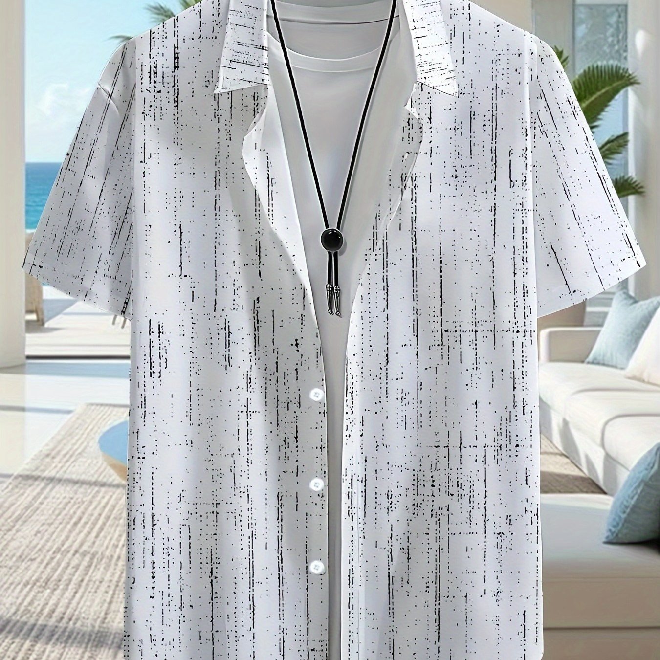 E-shop Tropisches Kurzarmhemd für Herren mit schwarz-weißem geometrischem Muster, geeignet für sommerliche Strandbekleidung und Freizeitaktivitäten