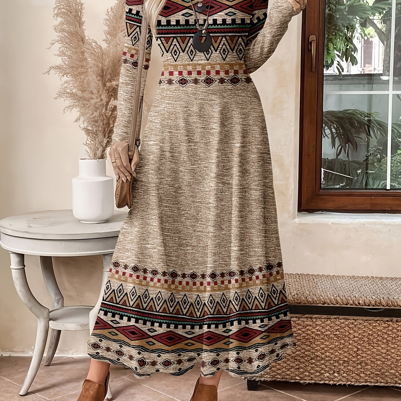 TEMU Bohemian Ethnic Style Vintage Casual Vacation Long Sleeve Dress