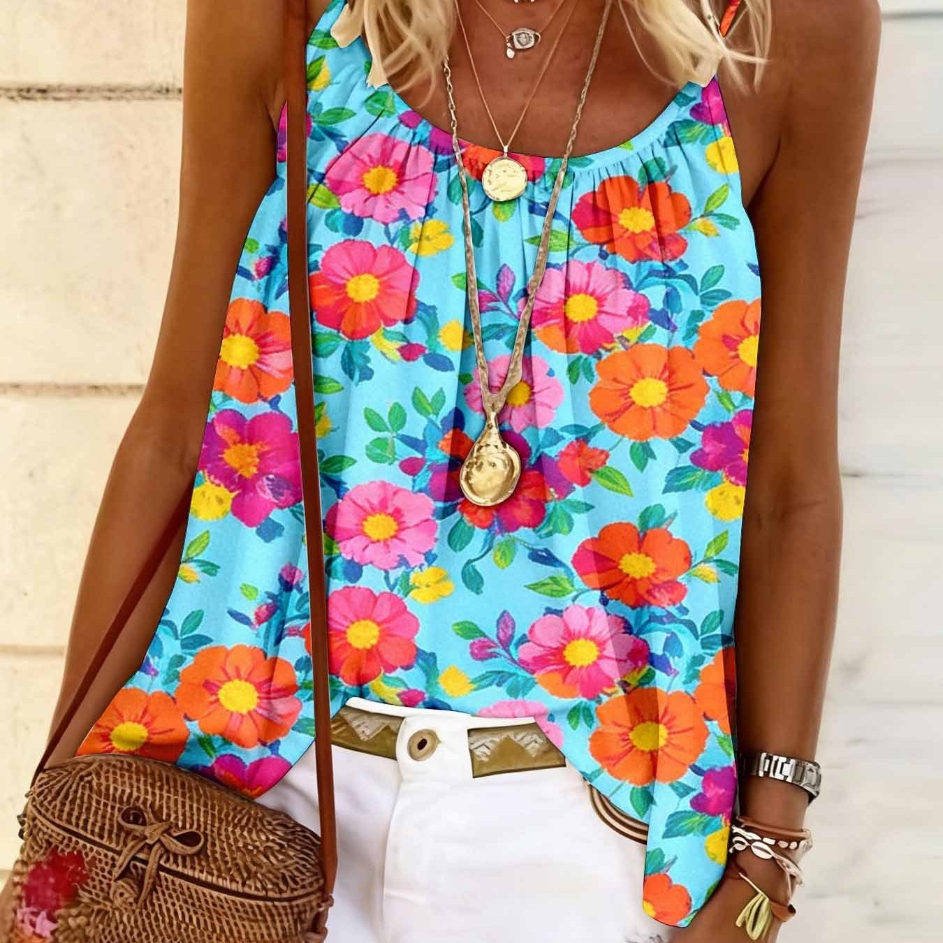 TEMU Minimalist Printed Loose Camisole, A Minimalist Spring Top Suitable For City , And A Fashionable Women's Summer Outfit