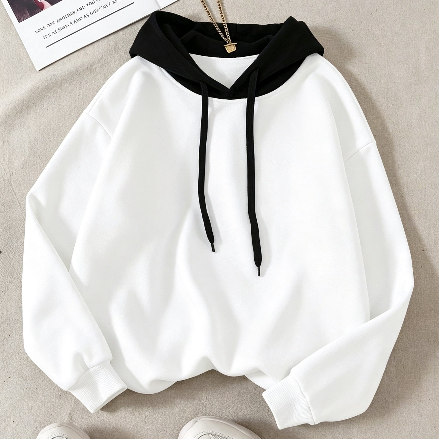 TEMU Easy Contrast Hooded Drawstring Sweatshirt Women's Fall Winter Fleece Thickened Long Sleeve Versatile Loose Casual Top