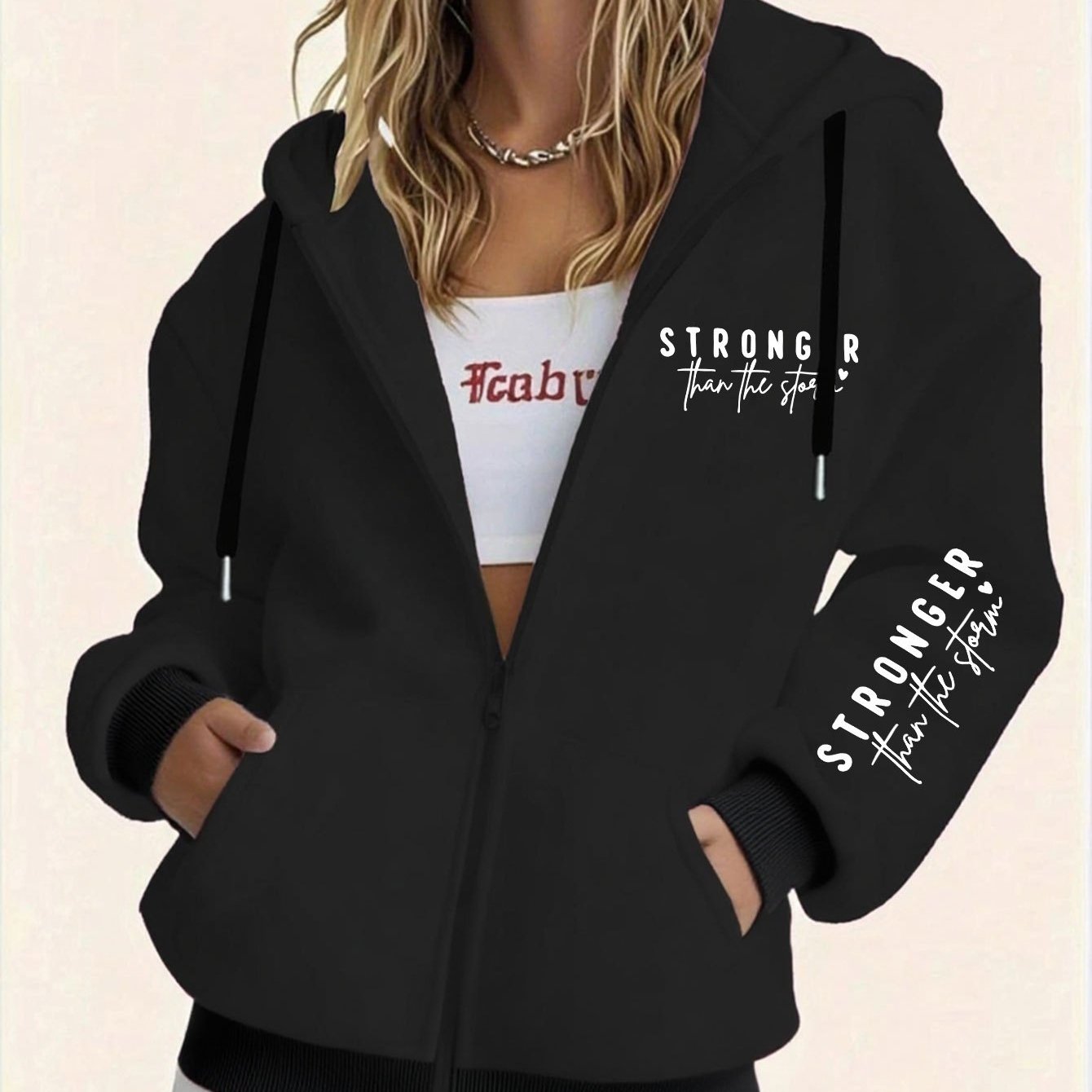 TEMU Women's Comfortable Lined Hooded Sweatshirt With "stronger Than Storm" Letter Print, Long Sleeved Pocket Hooded Zipper Sweatshirt, Women's