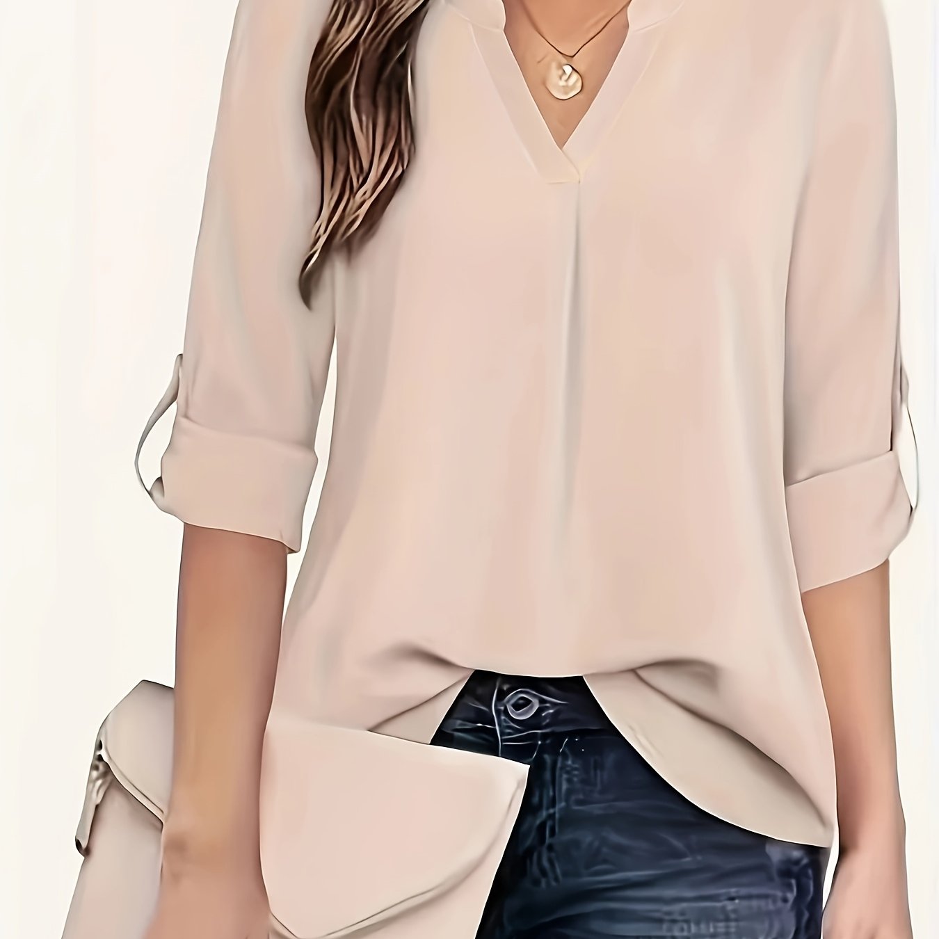 Solid Easy Women's Top, Casual V-neck Long Sleeve Women's Wear