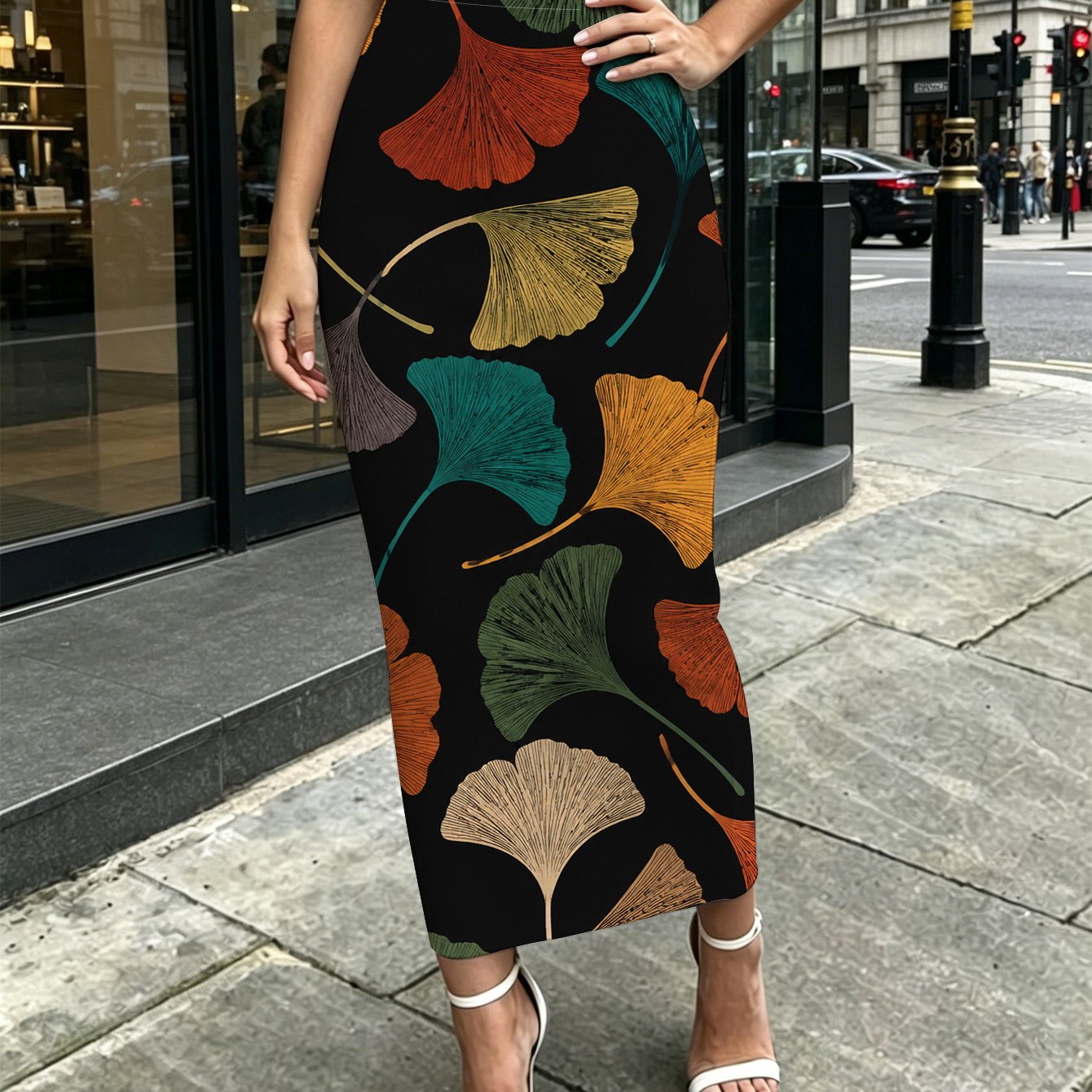 TEMU [printed Design- Not Textured]colorful Ginkgo Leaf Print Women's Mid-length Pencil Skirt For Office/street/travel/dating/party/casual Wear