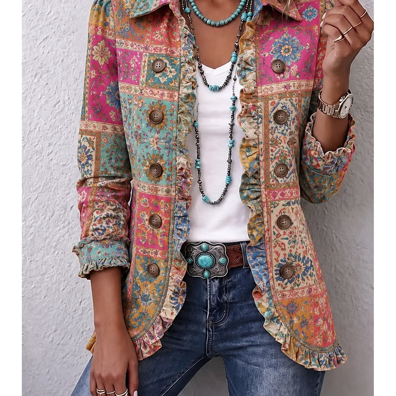 Image of Autumn Women's New Retro Floral Print Lapel, Western Bohemian Women's Hem Double-breasted Casual, Women's Outerwear