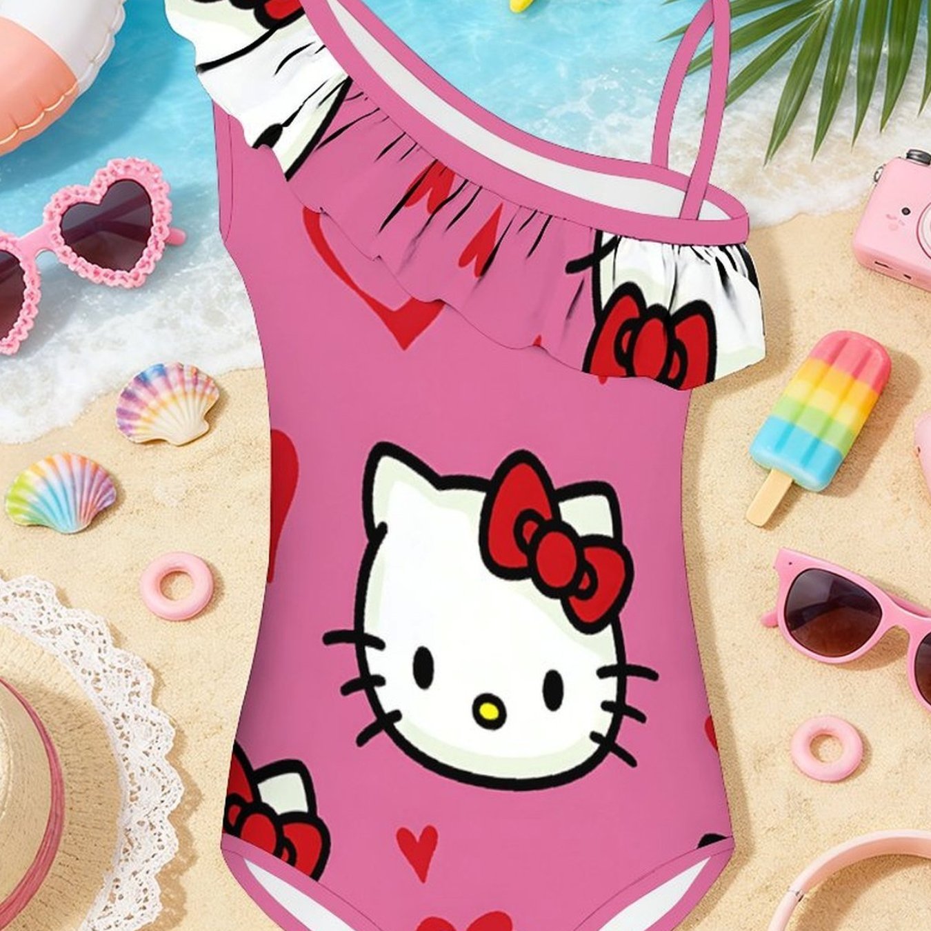 Image of New Children's Kids' Trendy One-piece Swimsuit With Hem Hello Kitty And Kuromi-cinnamoroll Print For Casual, Cute, Everyday, Travel, And Vacation Wear