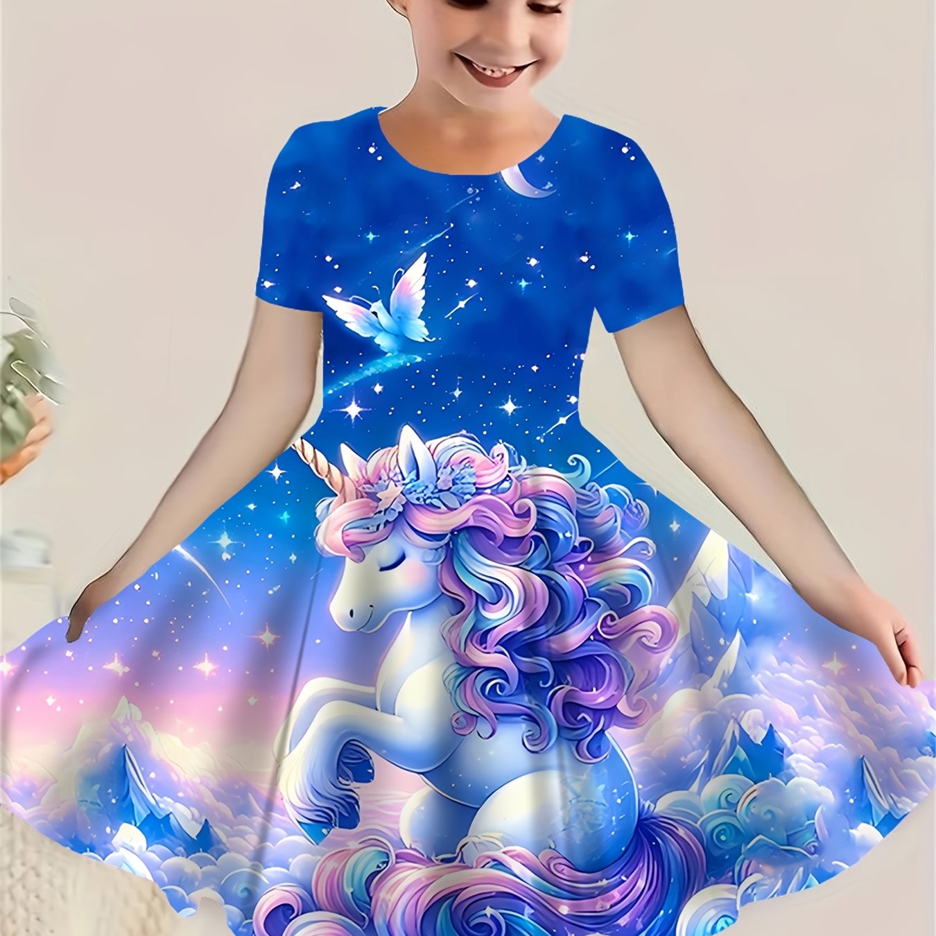 Image of Individual Girls' Casual 3d Unicorn Print Short Sleeve Dress Cartoon Pattern Clothing Summer Daily Cute Top Dress Girls' Clothes