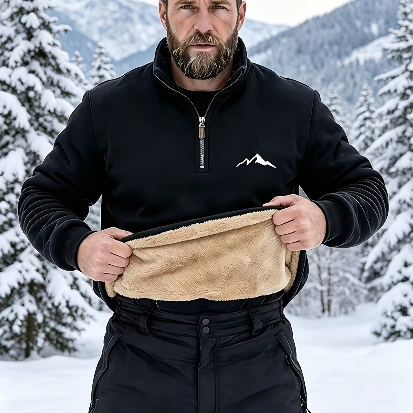 TEMU Cold Resistant And Warm! Men's Lined Half Zip Hoodie With Versatile Warm Base For Autumn And Winter, Outdoor Camping And Mountaineering Clothes,