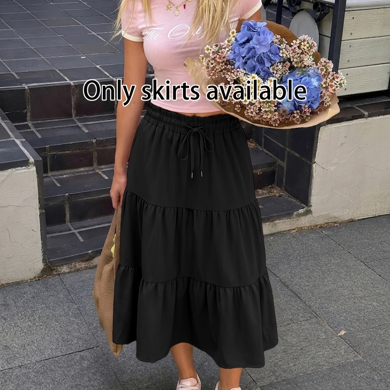TEMU Fashionable Cake Puff Skirt With Elastic Waistband, Solid Color A-line Flared Skirt