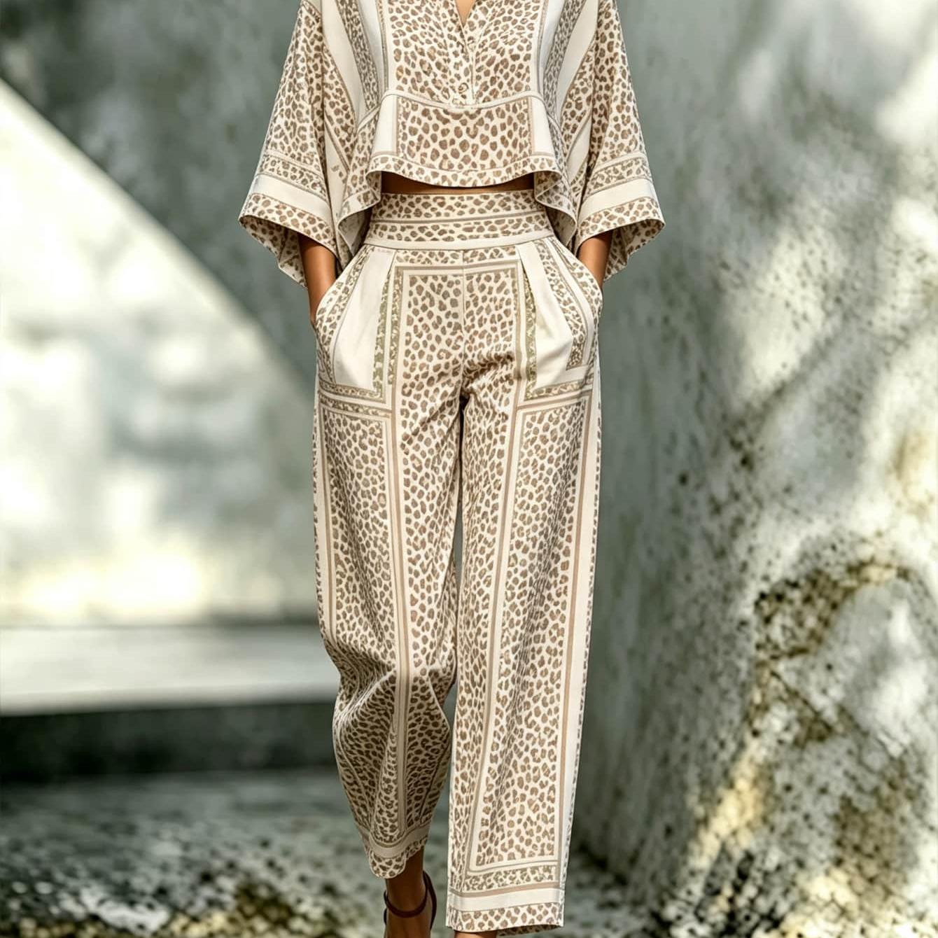 2d Flat Printing Women's Fall 2pcs Set, Lapel Cropped Top High Waist Wide Leg Pants, 3/4 Sleeve Shirt Suit Loose Fit Leopard Print European And Women's Autumn Outfits For Halloween Thanksgiving Comfor