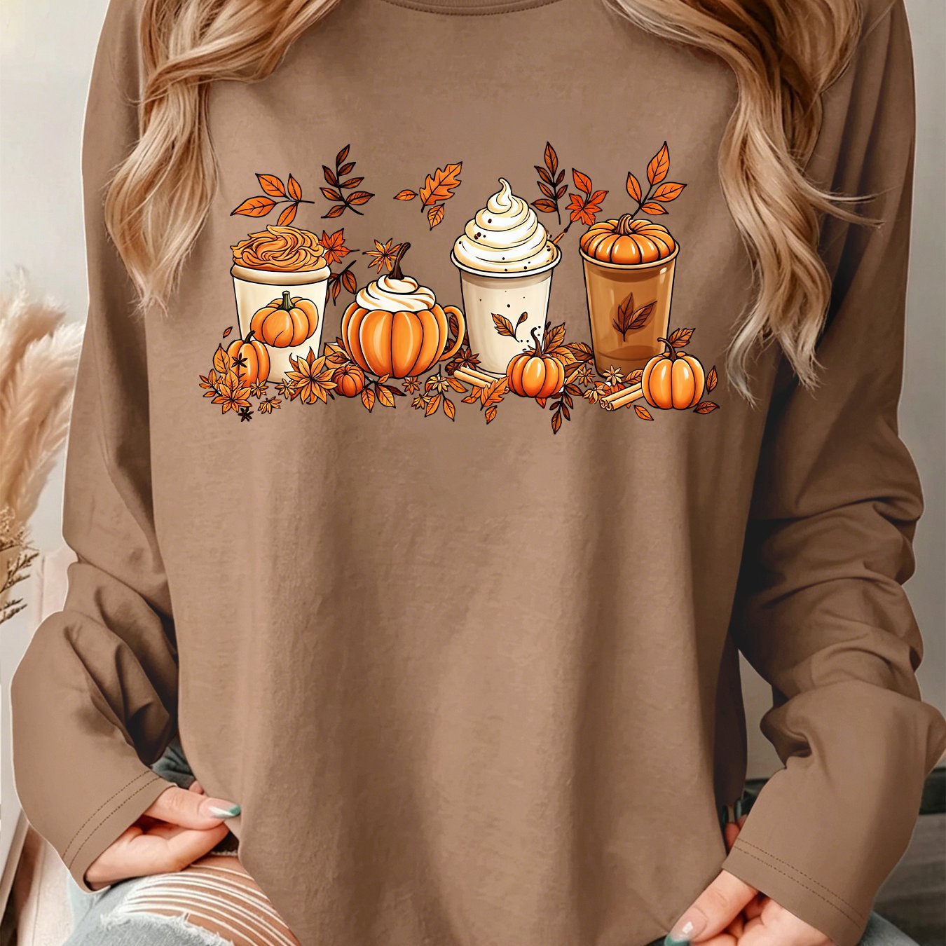 TEMU Women's Elegant Style Long Sleeve, Pumpkin And Autumn Special Drink Print Retro Round Neck T-shirt, Autumn Style 's Top, Fall Fashion Casual