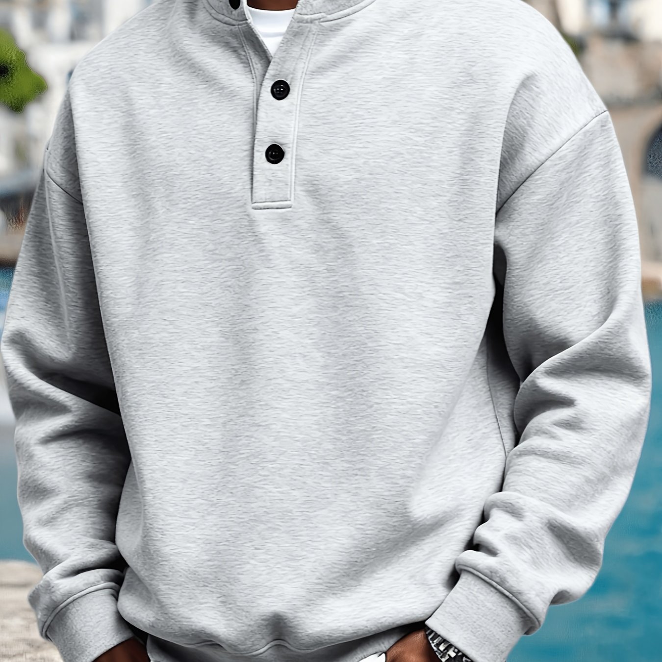 TEMU Men's Spring Autumn Stand-collar Pullover Sweatshirt, Button-front Design Loose Long Sleeve Top, Solid Color Casual Wear Suitable For Daily