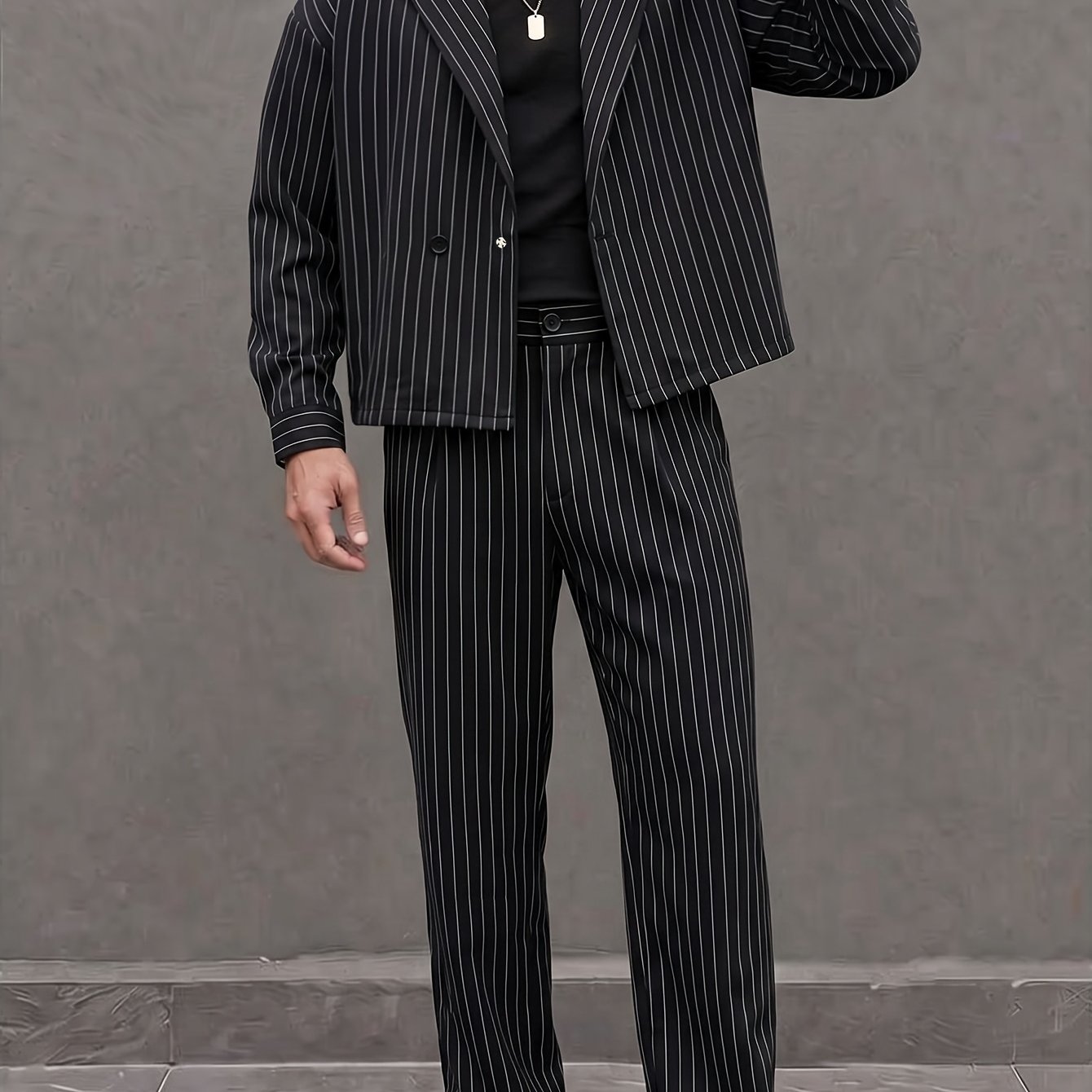 item picture mens black 2pcs suit with thin vertical stripes featuring a short loose fit jacket and loose fit trousers a relaxed gourd   for men offering a sharp and   look suitable for   commuting and parties