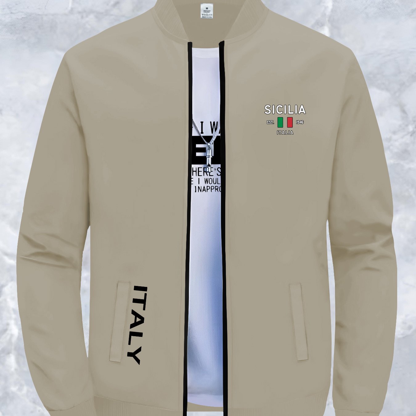 TEMU Men's Stylish Black Pilot Jacket With Print Lettering - Casual Collar, Zipper, Long-sleeve Autumn And Winter Coat, Fall Jacket | Collar Style |