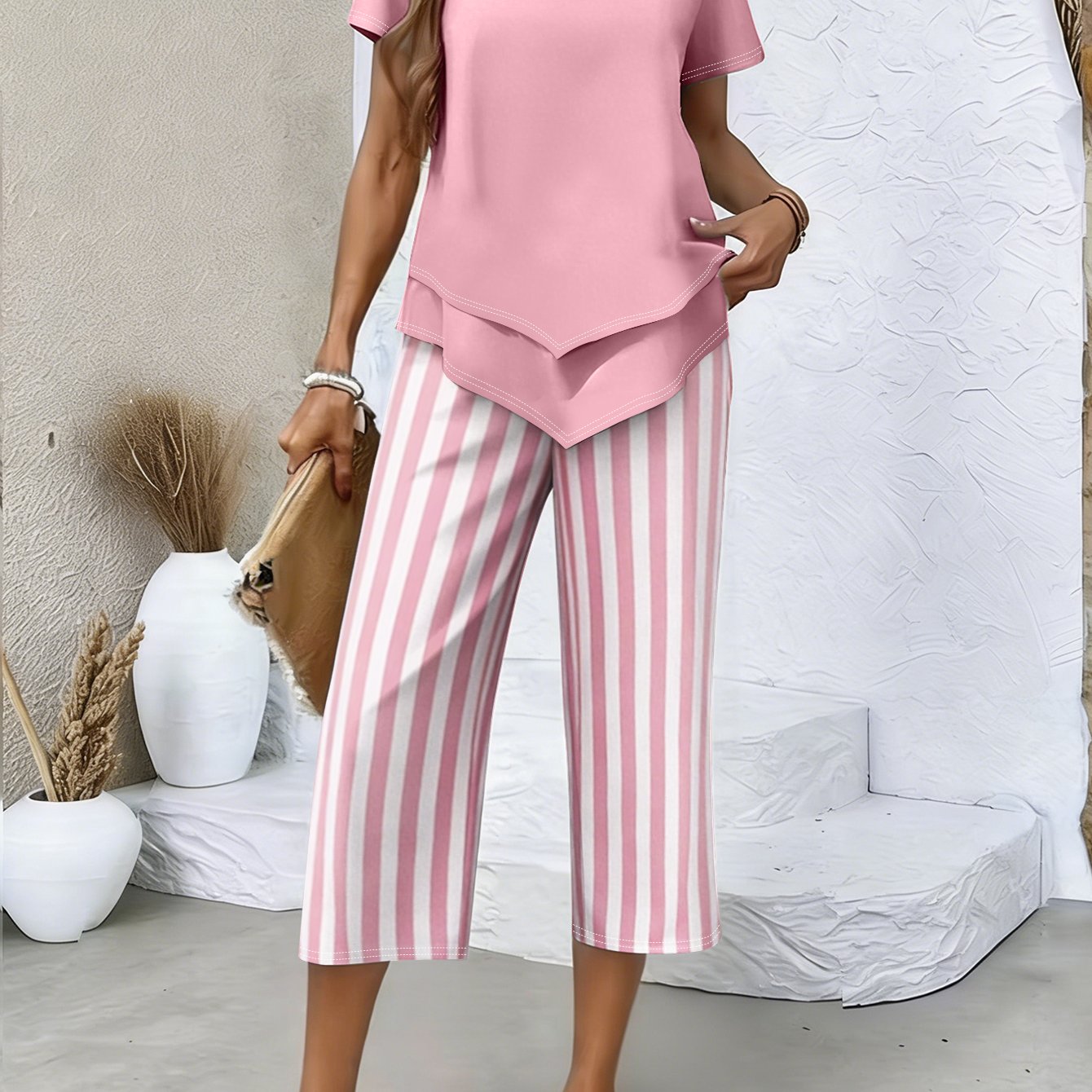 TEMU [vacation Orientation] /summer Women's Pink Asymmetrical Hem Short-sleeve Top& Vertical Stripes Wide-leg Capri Pants Set, 2pcs Set Casual Outfit