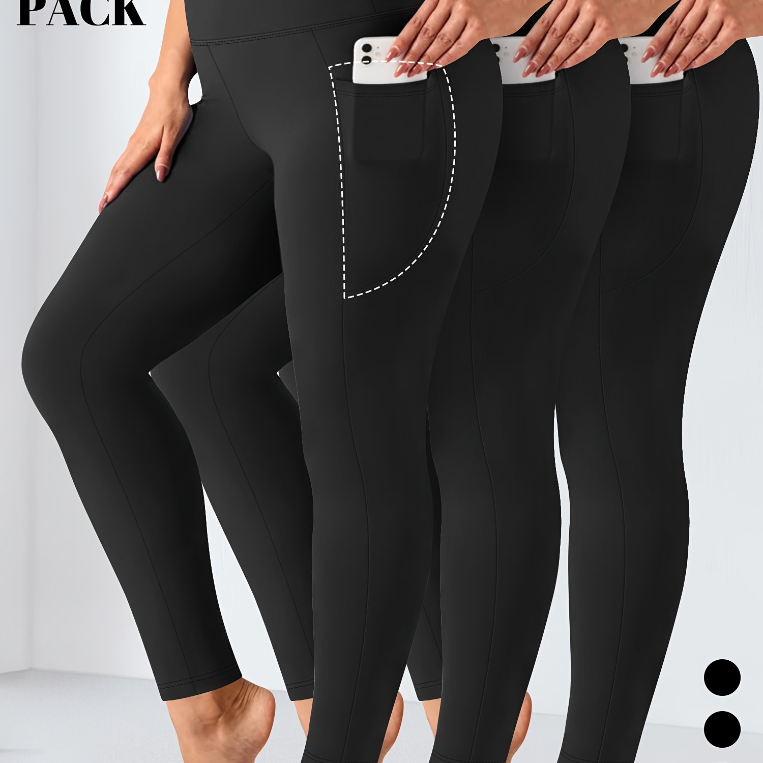 Plus Size, 3pcs Package-plus Size Tummy Control Leggings With Pockets High Waist Yoga Pants For Women