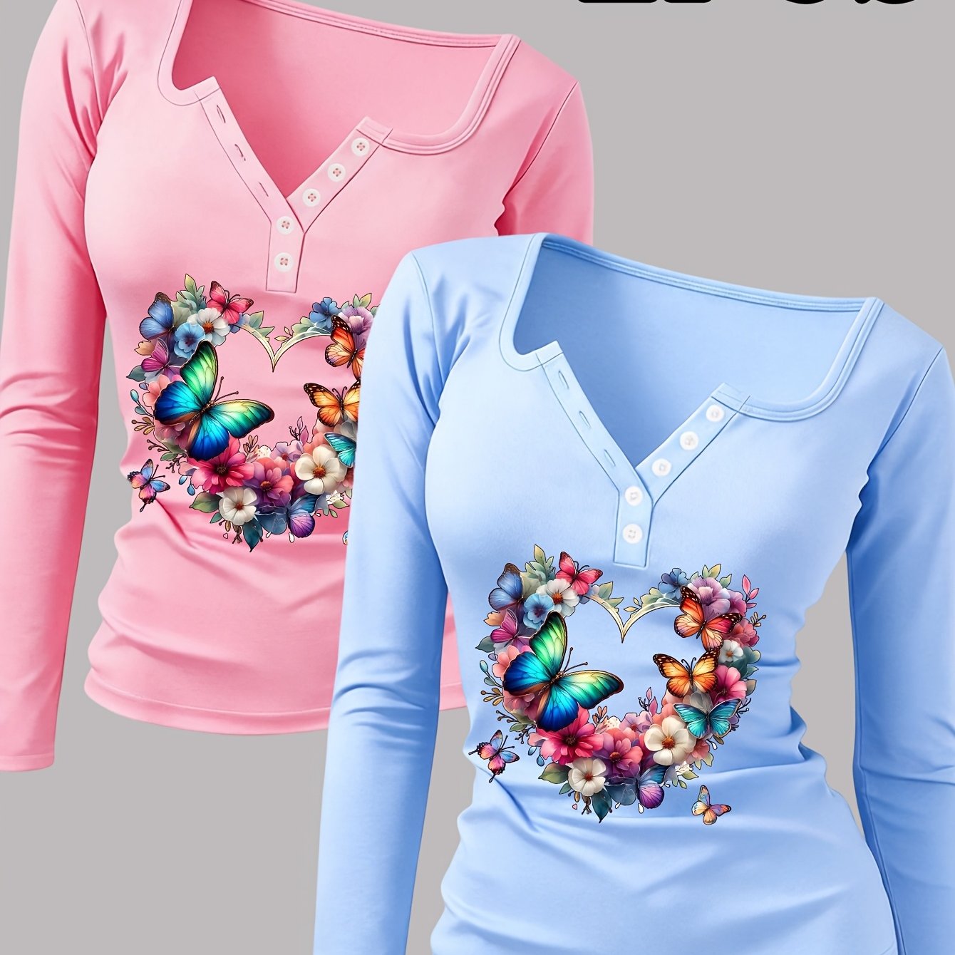 TEMU 2pcs Floral Print Women's Hot Outfit, Sexy Round Neck Long Sleeve T-shirt With Buttons, Revealing