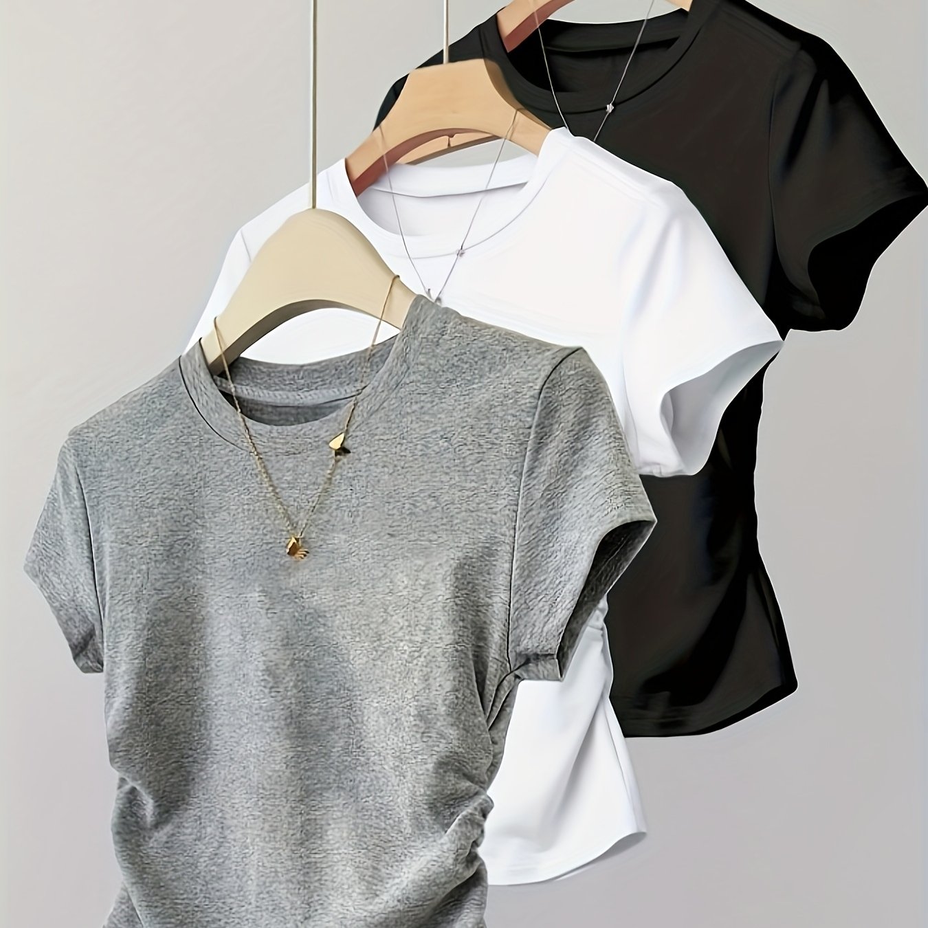 E-shop 3-teiliges Damen Freizeit T-Shirt Set, Weiches Rundhals Top mit seitlichen Raffungen, kurze Ärmel und Taillenband