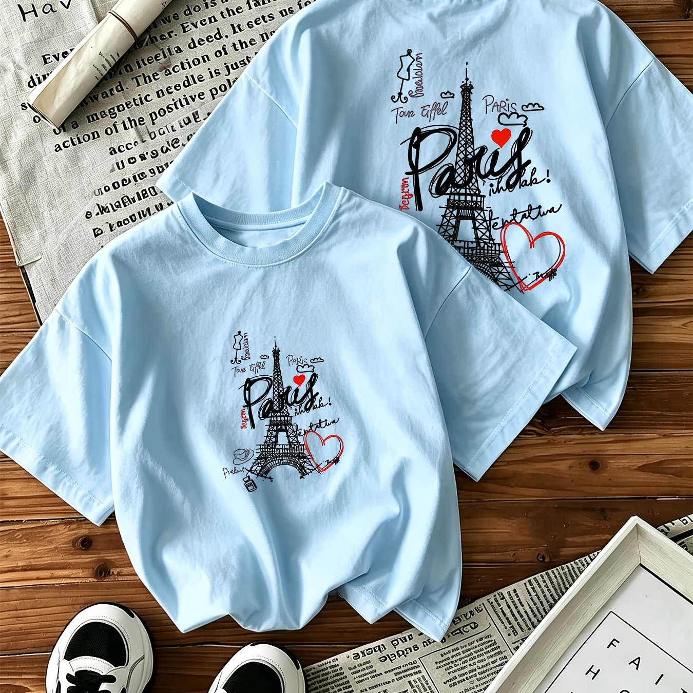 Image of Women's Oversized Tower T-shirt - Pink French Print Short Sleeve Top, Soft Round Neck Suitable For Travel Souvenir & Daily Wear, Machine Washable Casual French Style Outfit