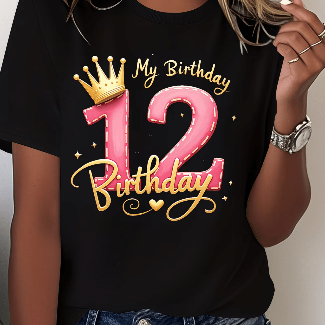 TEMU Women's 12th Birthday T-shirt - Soft Breathable Round Neck Short Sleeve With Number 12 & Alphabet Print, Casual Suitable For - Wear, Machine