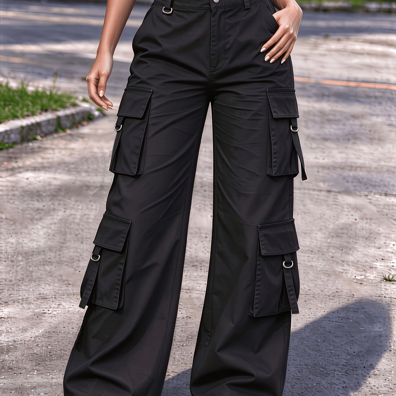 TEMU Women's Streetwear Solid-color Y2k Wide Leg Work Pants, Multiple Pockets, D-ring Ribbon Design, High-waisted Straight Pants, Back Semi-elastic