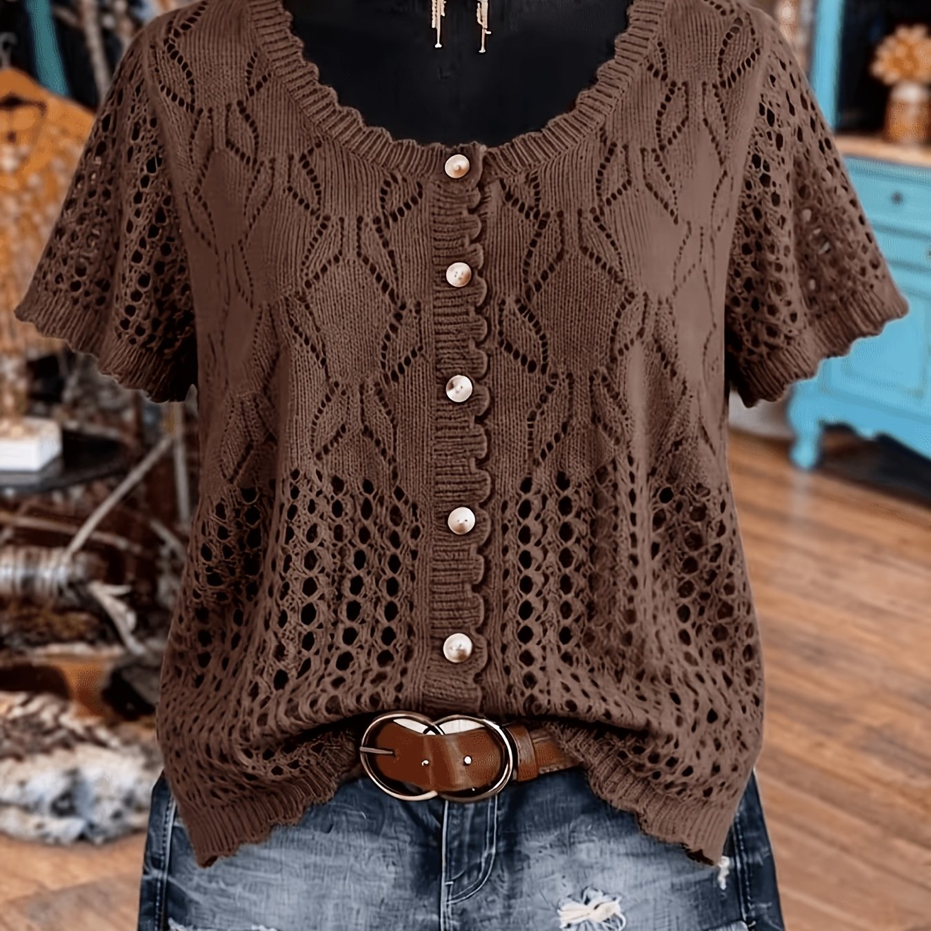 TEMU Plus Size, Hollow-out Short-sleeve Cardigan, Elegant And High-