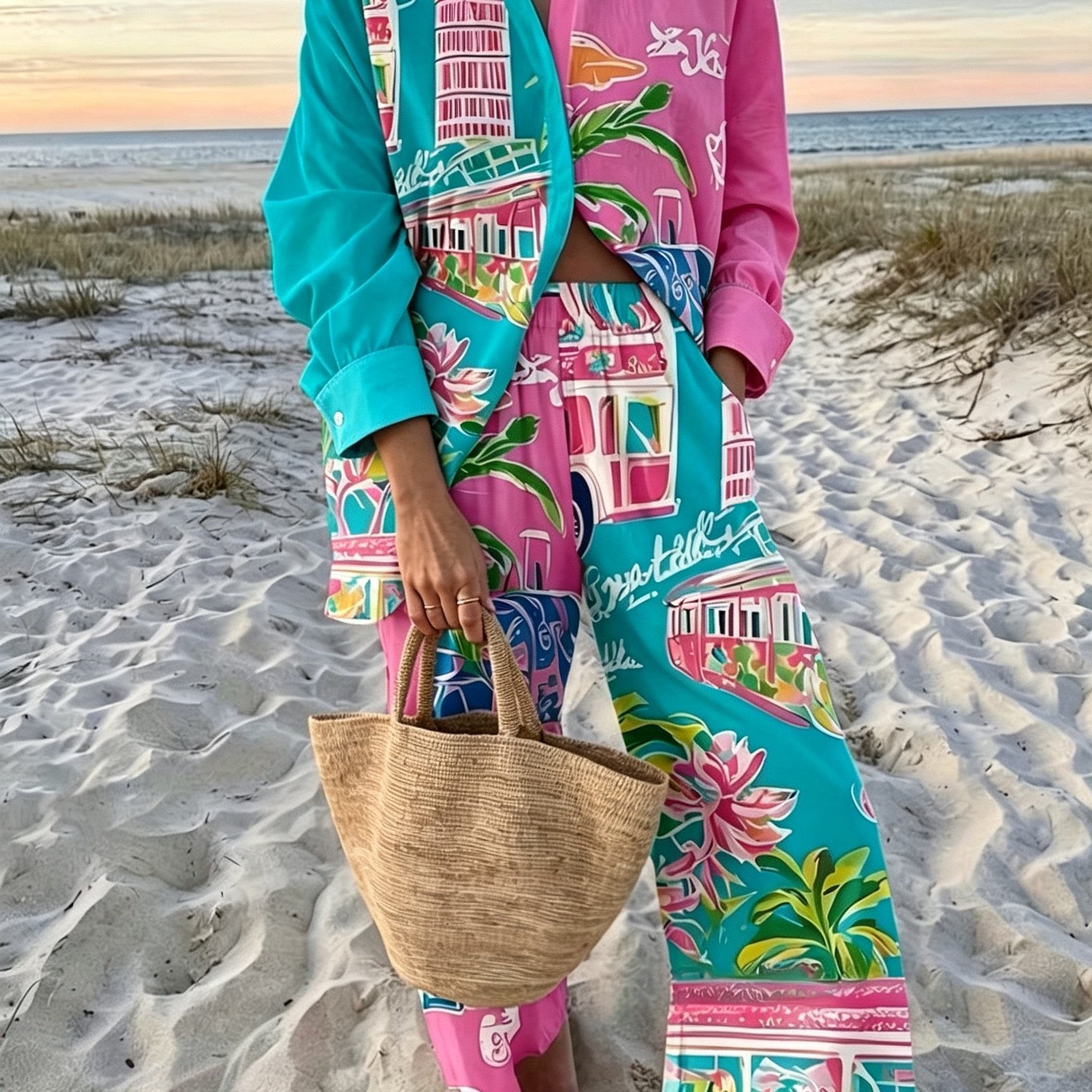 TEMU Women's Beach Multicolor Printed Long Sleeve Top And Pants Set