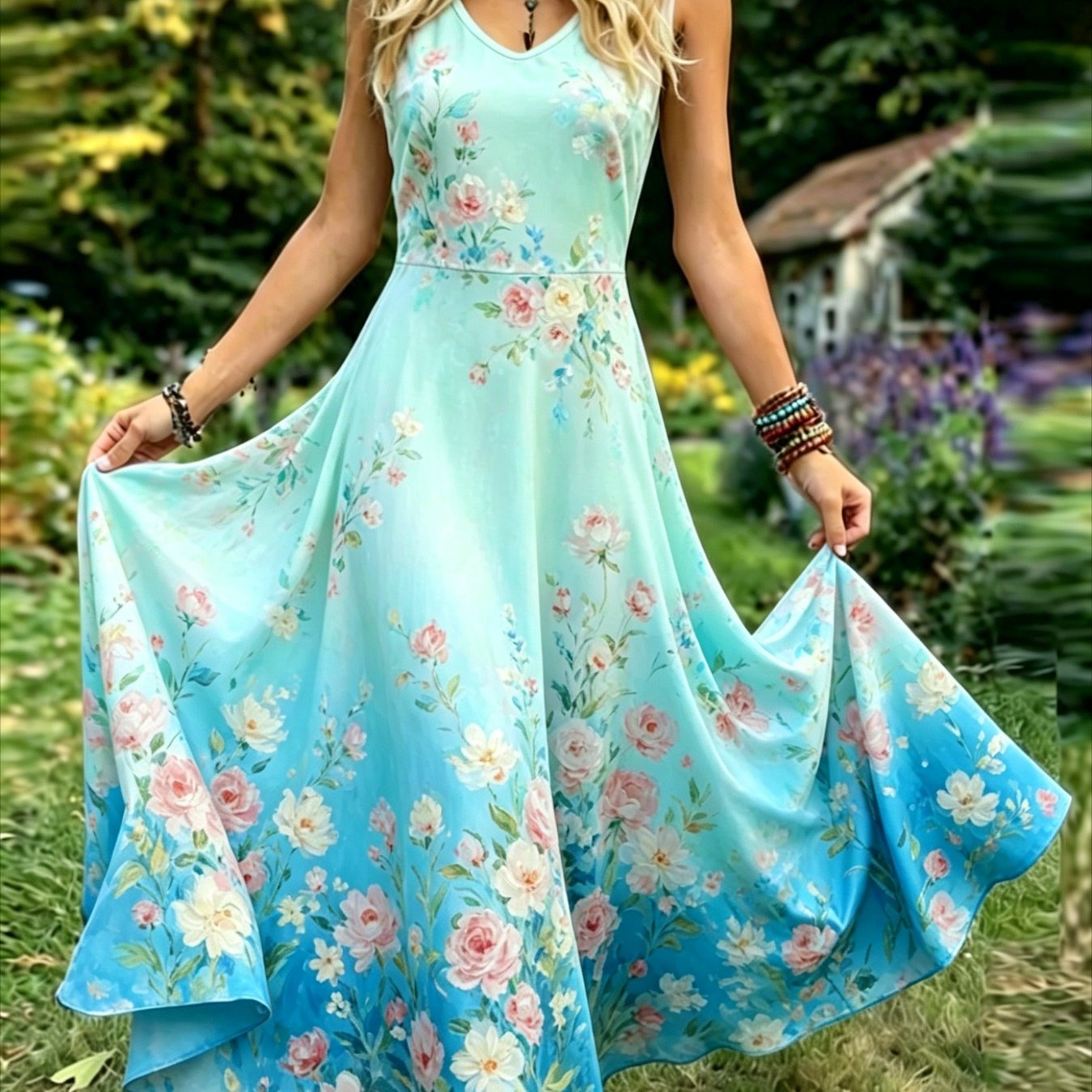 Plus Size, Women's Vintage-style Sleeveless Dress-an Elegant, Casual, Round-neck A-line Maxi Dress. Easy To Care For, Perfect For Daily Wear And Vacation Leisure.