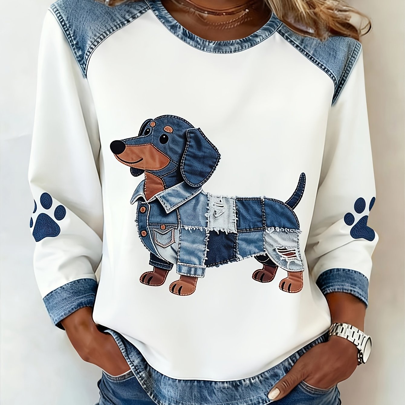 TEMU [printed Pants - Not Denim Fabric]women's Spring Autumn Casual Vacation Round Neck Long Sleeve Denim Printed T-shirt