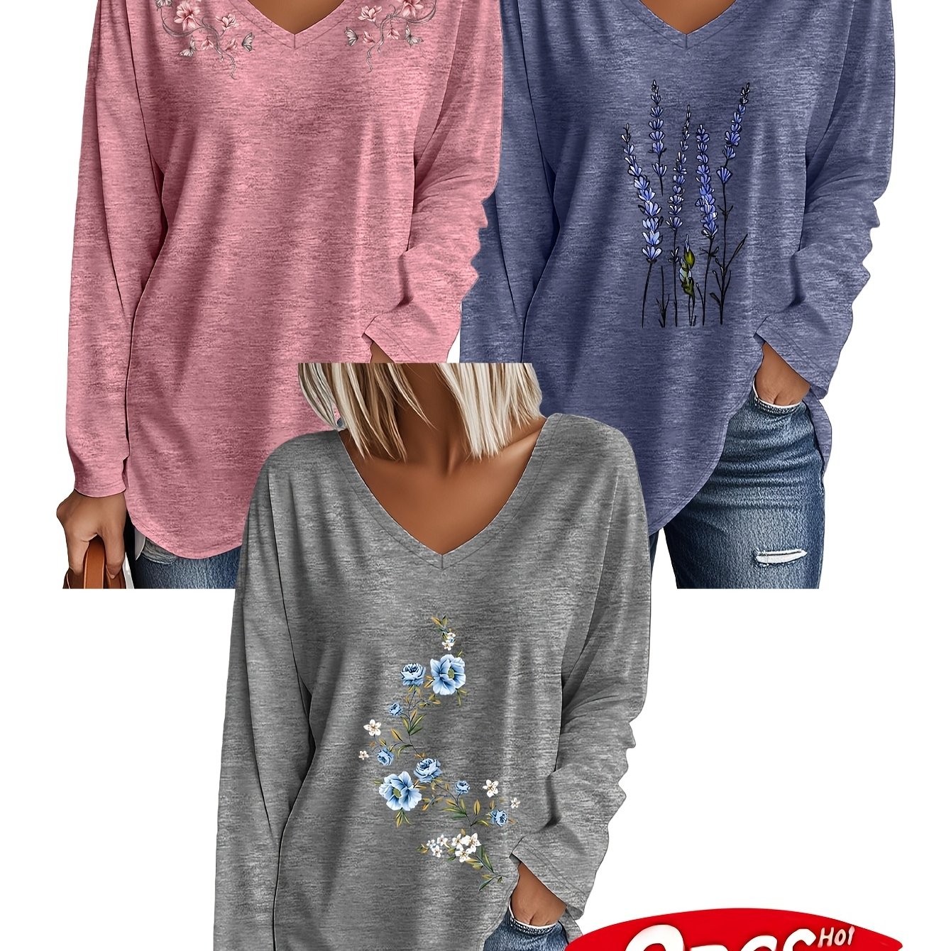 TEMU Plus Size - Women's V-neck Long Sleeve T-shirt 3pcs Set Oversized Fall Winter New Floral Lavender Print Gentle Loose Plus Size Top Casual Date