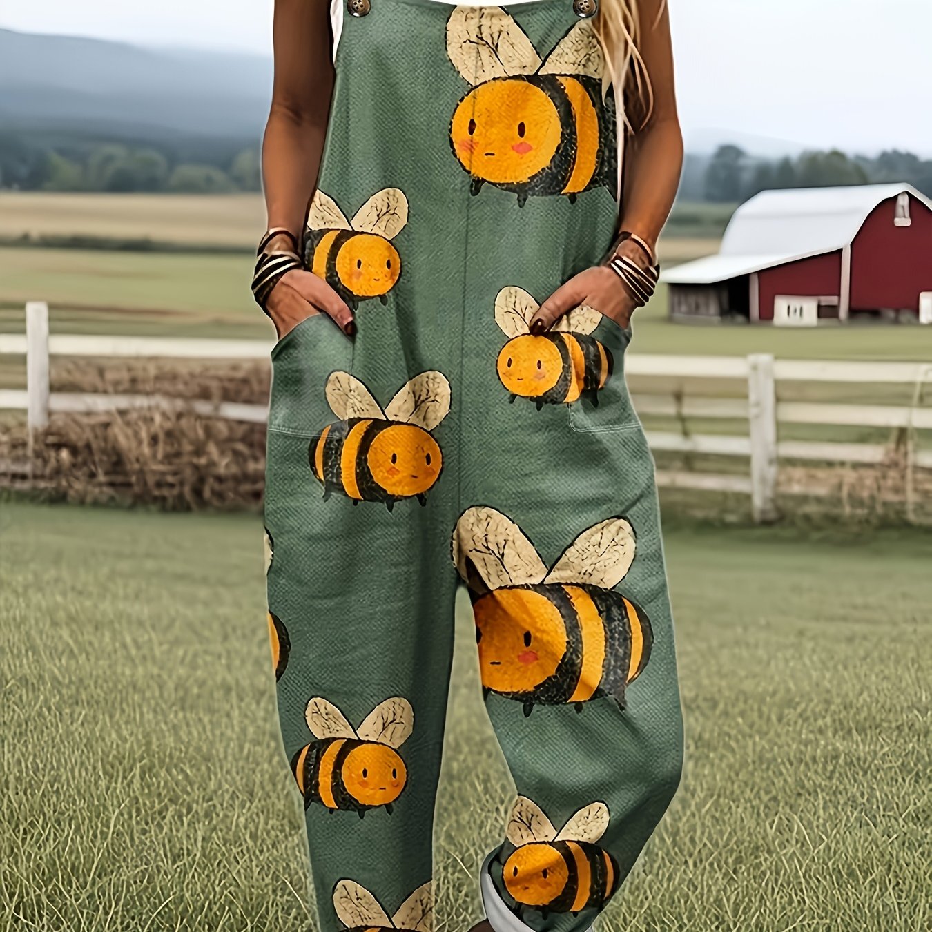 Green Jumpsuit With Cartoon Bee Pattern - 0578