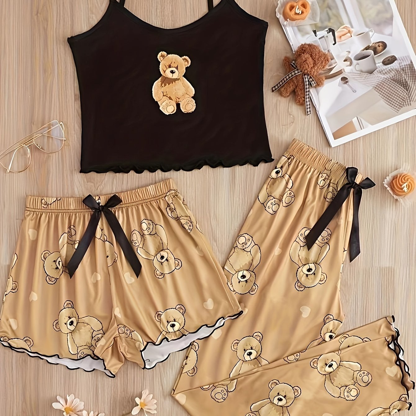 E-shop Damen Niedlicher Teddybär Print Muster Weicher Stoff Cami Top und Shorts 3-teiliges Pyjama Set