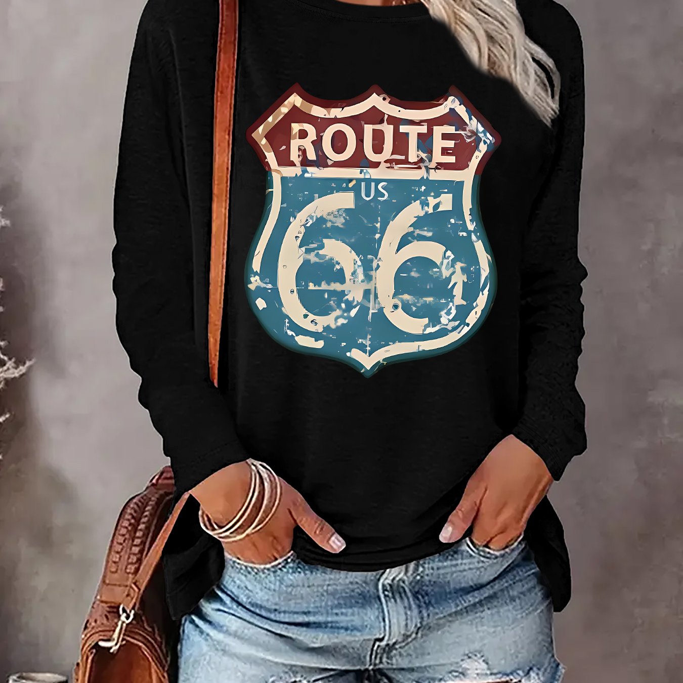 TEMU Women's Fashion Long-sleeve T-shirt With A Printed Design And Round Neck, Casual Wear In Autumn And Winter