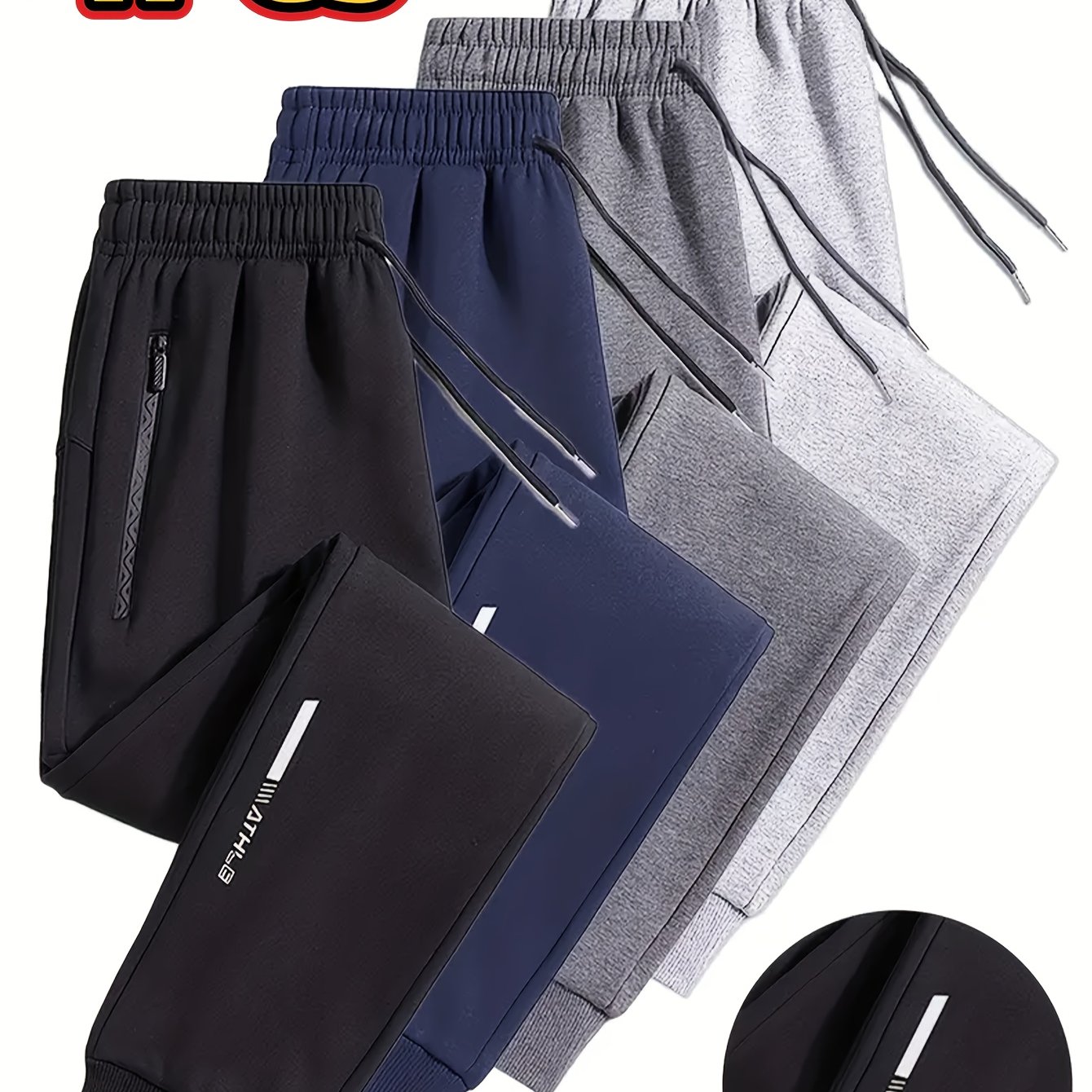 TEMU Set Of 4 Men's Casual Jogger Pants Featuring Drawstrings And Zippered Pockets - Soft And Stretchy Athletic Trousers In Navy Blue, Light Gray,