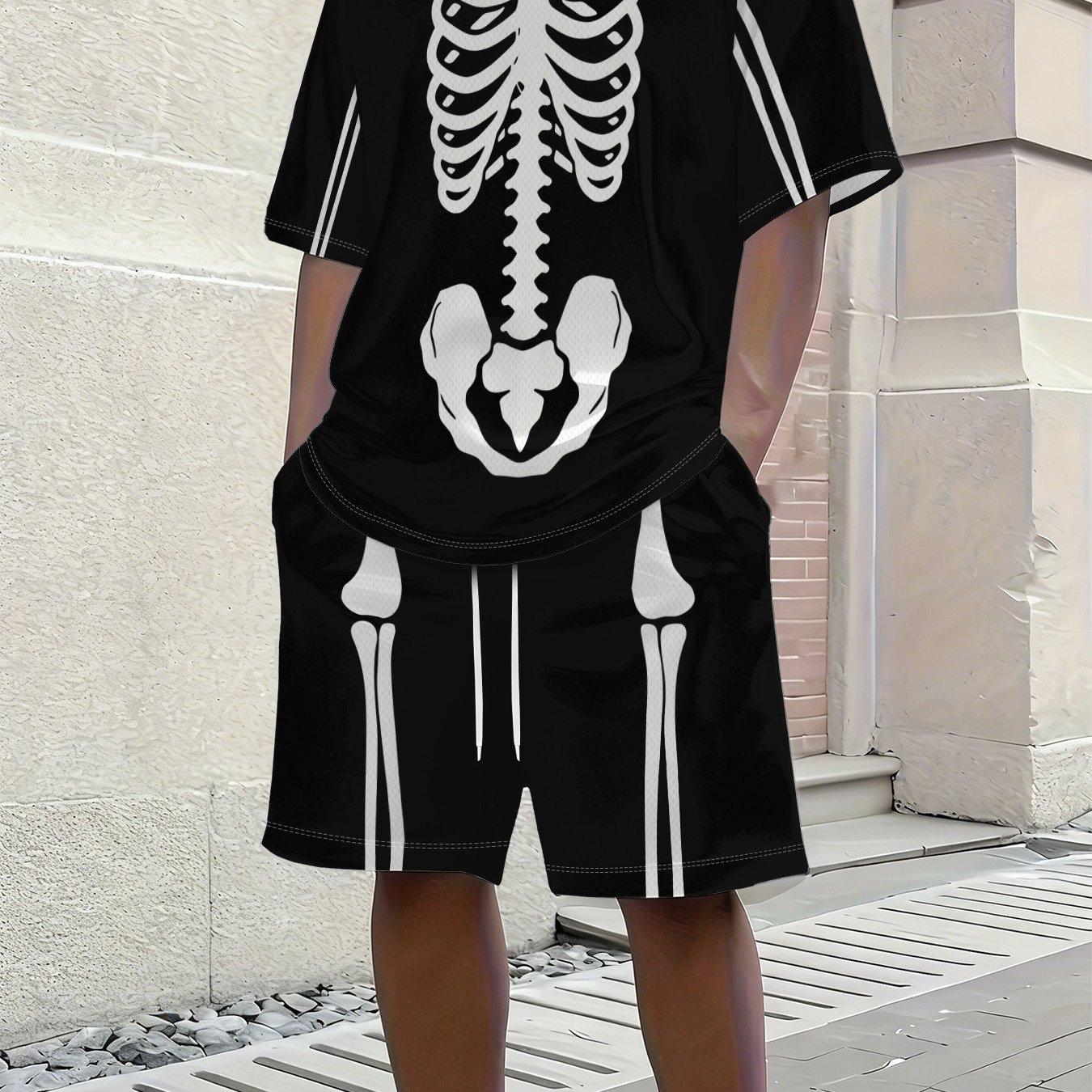 TEMU Halloween Men&;s Short-sleeve Round Neck Casual T-shirt And Drawstring Waist Shorts Set, Perfect For Vacation Beachwear, Comfortable Outfit