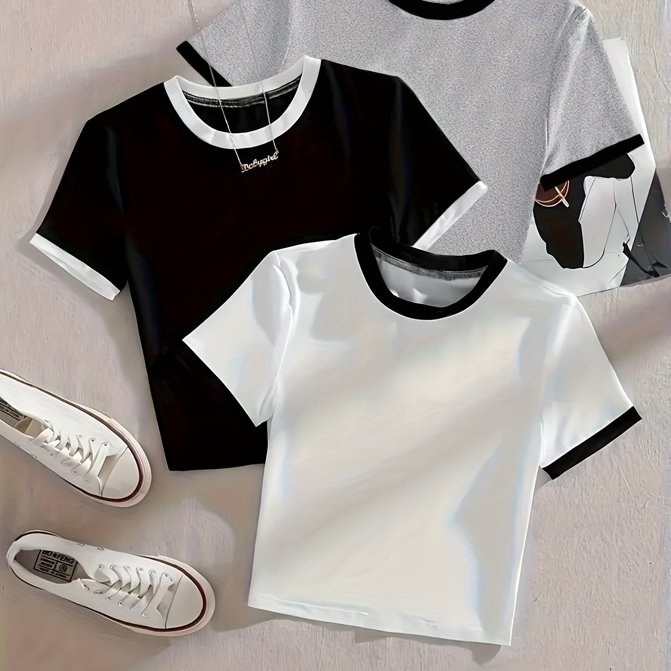 3pcs Women's Minimalist Color Block Round Neck Short Sleeve Fitted T-shirt Set