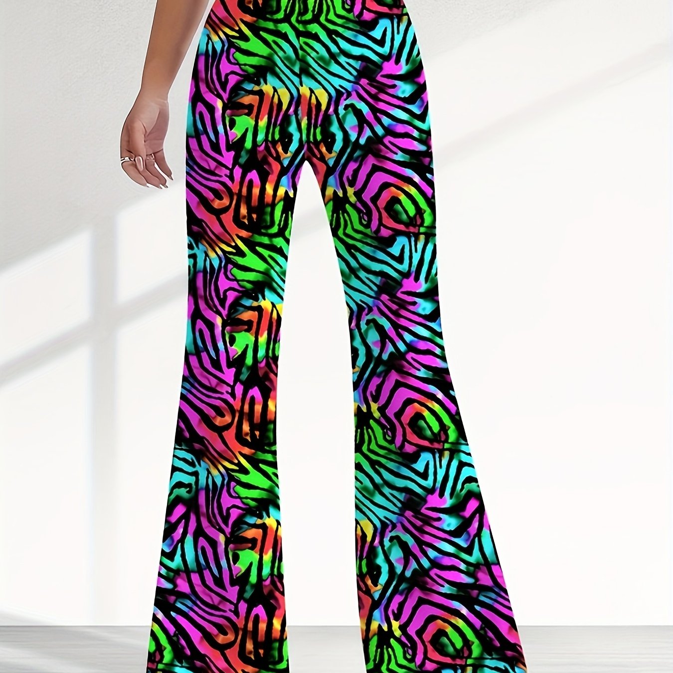 TEMU Pantalon Pattes d'Éphémère Tendance Y2K Style à Taille Haute, Imprimé Coloré et Unique pour Femme, Tissu Léger et Extensible, Pantalon