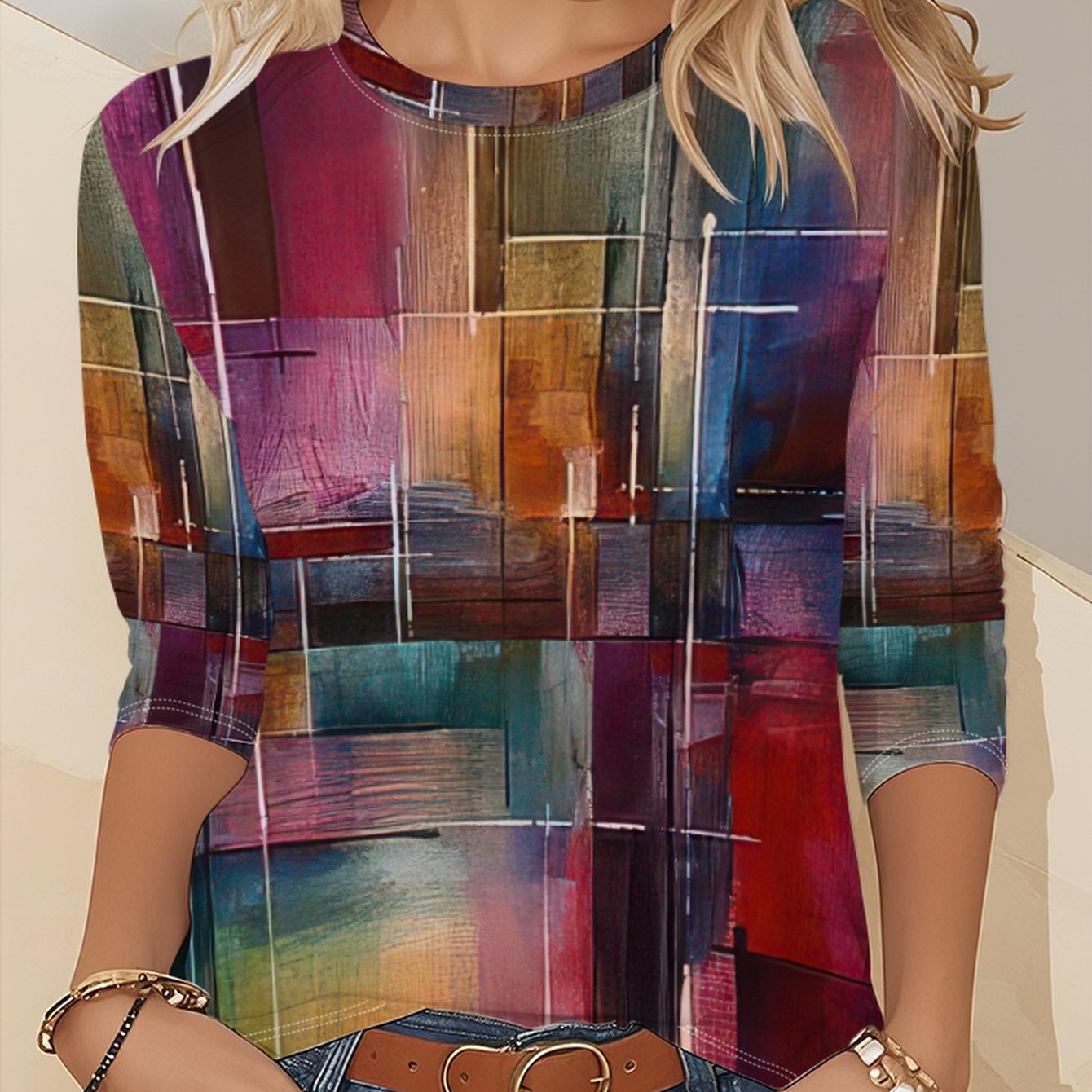 TEMU Women's Casual Long Sleeve Round Neck T-shirt - Print Abstract , Vibrant Color Block, Machine Washable Regular For Spring & Fall, , Comfortable