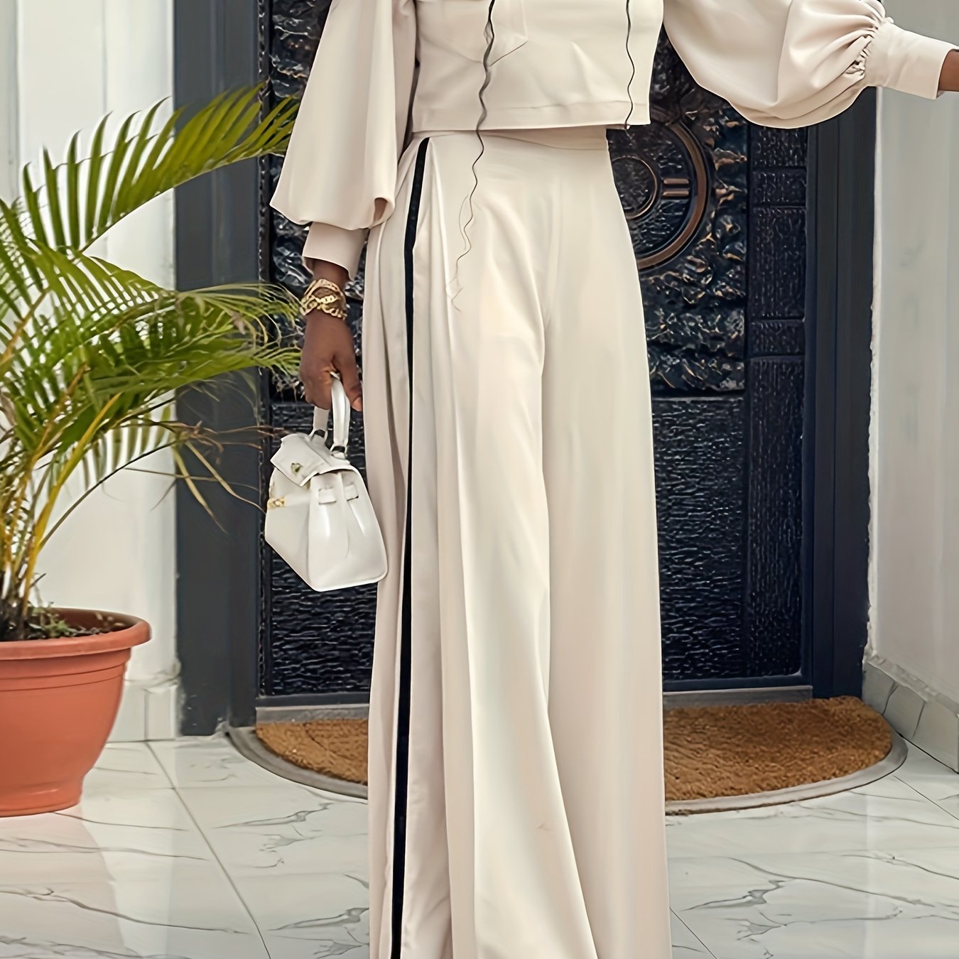Image of 1 Set Comfortable Elegant Women's Fashion Outfit, Round Neck Single Pocket Puff Sleeve And High-waist Loose Comfortable Double Pocket Women's Long Pants