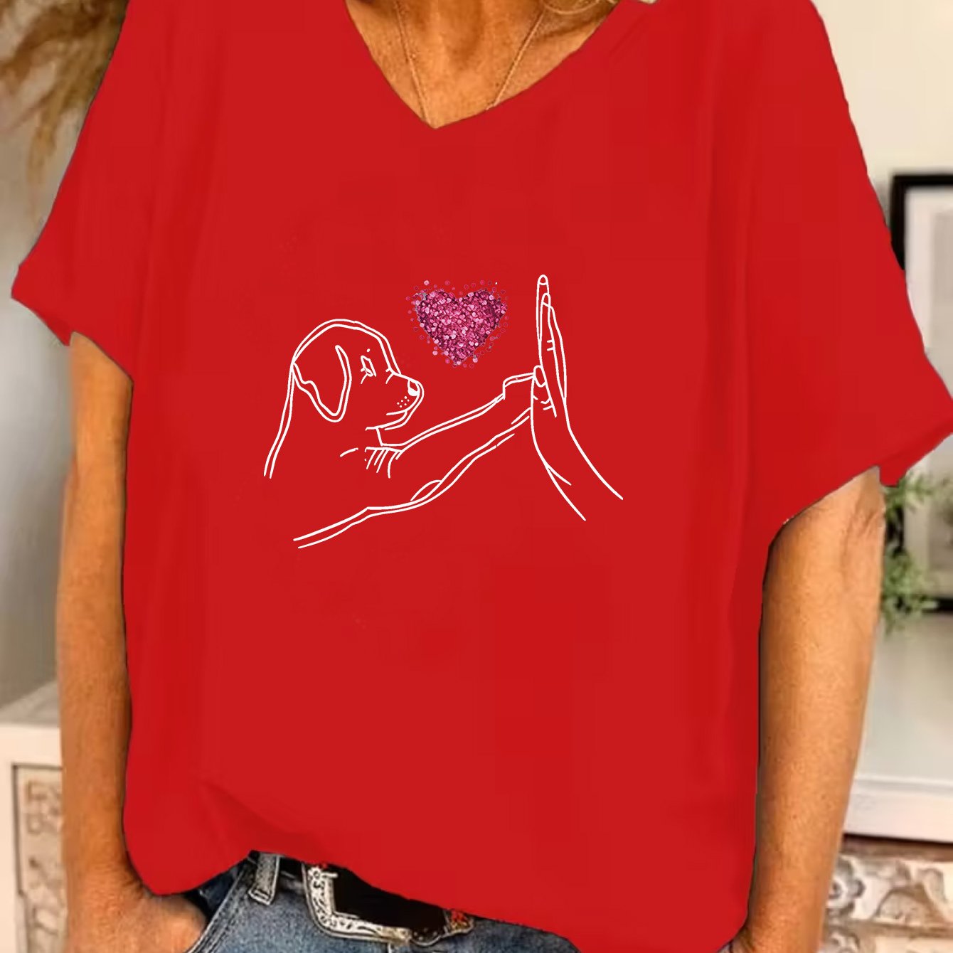 TEMU Plus Size - Plus Size - Plus Size Women's Palm Dog Heart Print Loose Short Sleeve V-neck T-shirt, Batwing Sleeve Design Casual Top, Elegant And