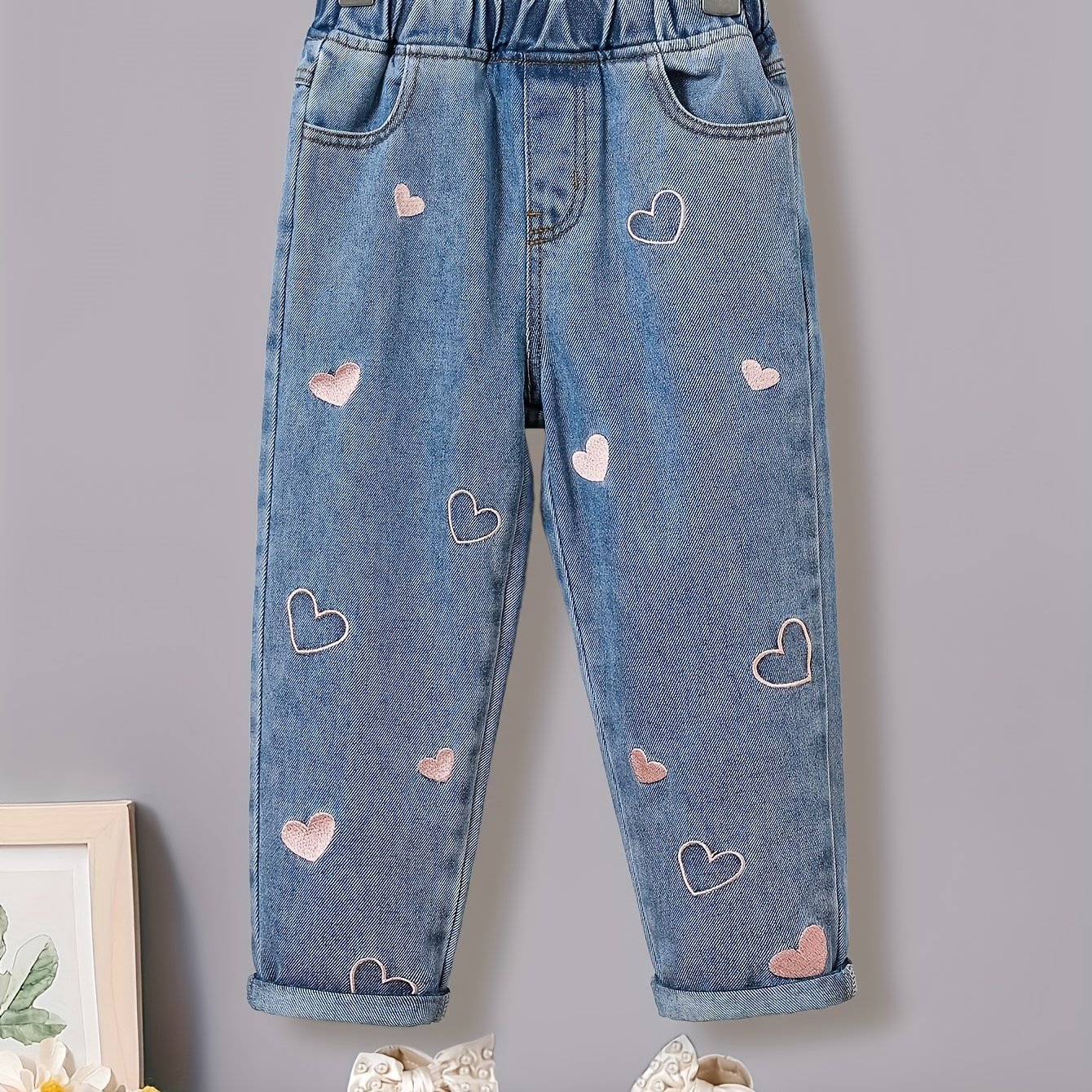 Image of Girls' Denim Pants For Spring And Autumn, Embroidery Pants, Comfortable Straight-leg Jeans For Kids