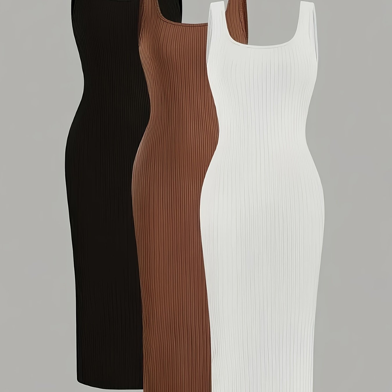 TEMU 3pcs Robe Slim-Fitting et Habillée, Couleur Unie Base Côtelée, Vêtement d'Extérieur, Domicile-Travail, , Élégant, Robe Longue
