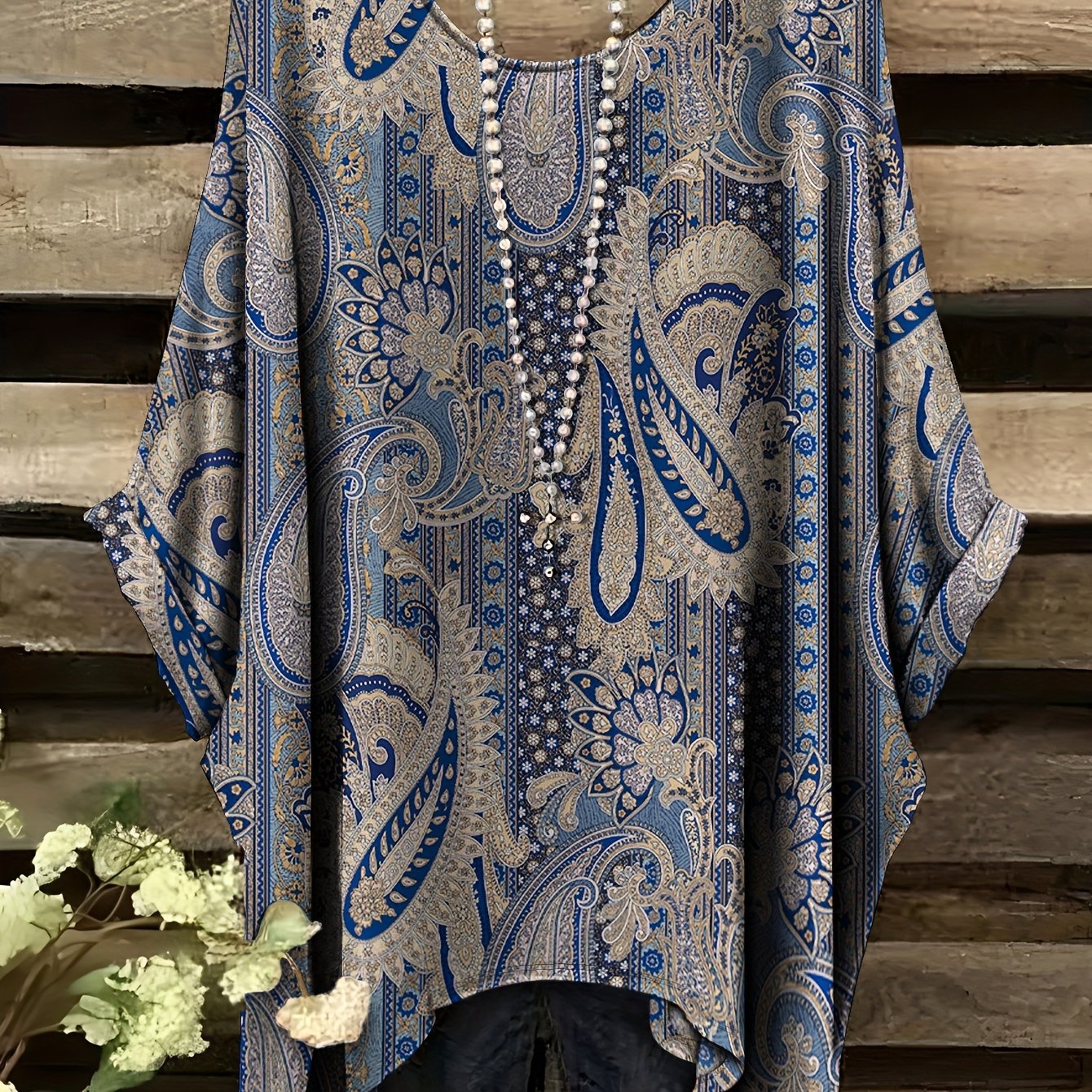 TEMU Plus Size - Women's Plus Size Casual Comfortable Full Body Ethnic Style Irregular Print Pattern Batwing Sleeve No Additions Not Included