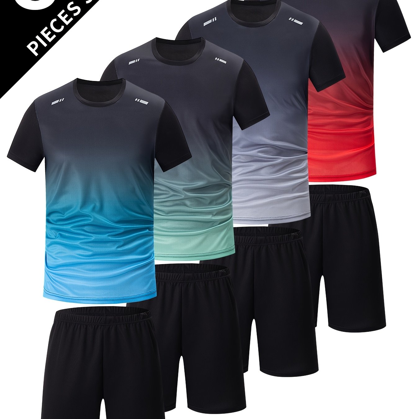 E-shop 8-teiliges Set Herren Kurzarm T-Shirt und Shorts für Freizeit und Sport, mit einem hellfarbenen, farbwechselnden Rundhals-Top, kombiniert mit