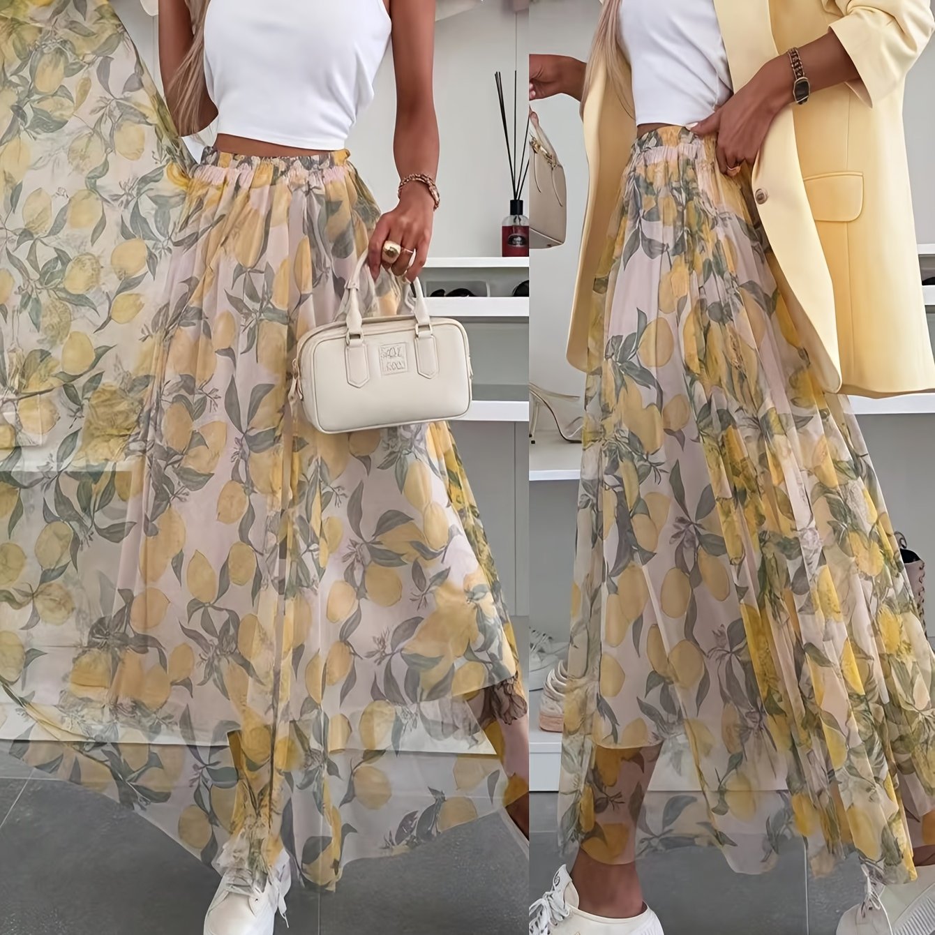 Image of Summer Elegant Women's Fashion Casual Party Cute Unique Lemon Print Skirt, Breathable And Comfortable, Suitable For Spring And Summer Wear