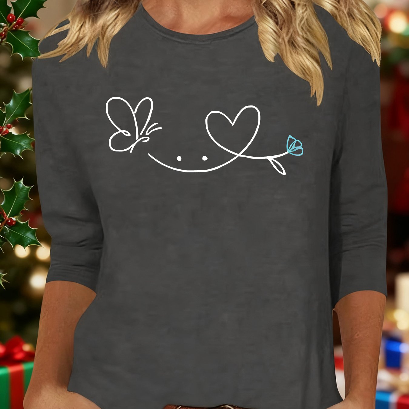 TEMU A T-shirt Featuring A Easy Design With Romantic Bow, Heart, And Prints, Suitable For Spring And Autumn, With Casual Three-quarter Sleeves And A