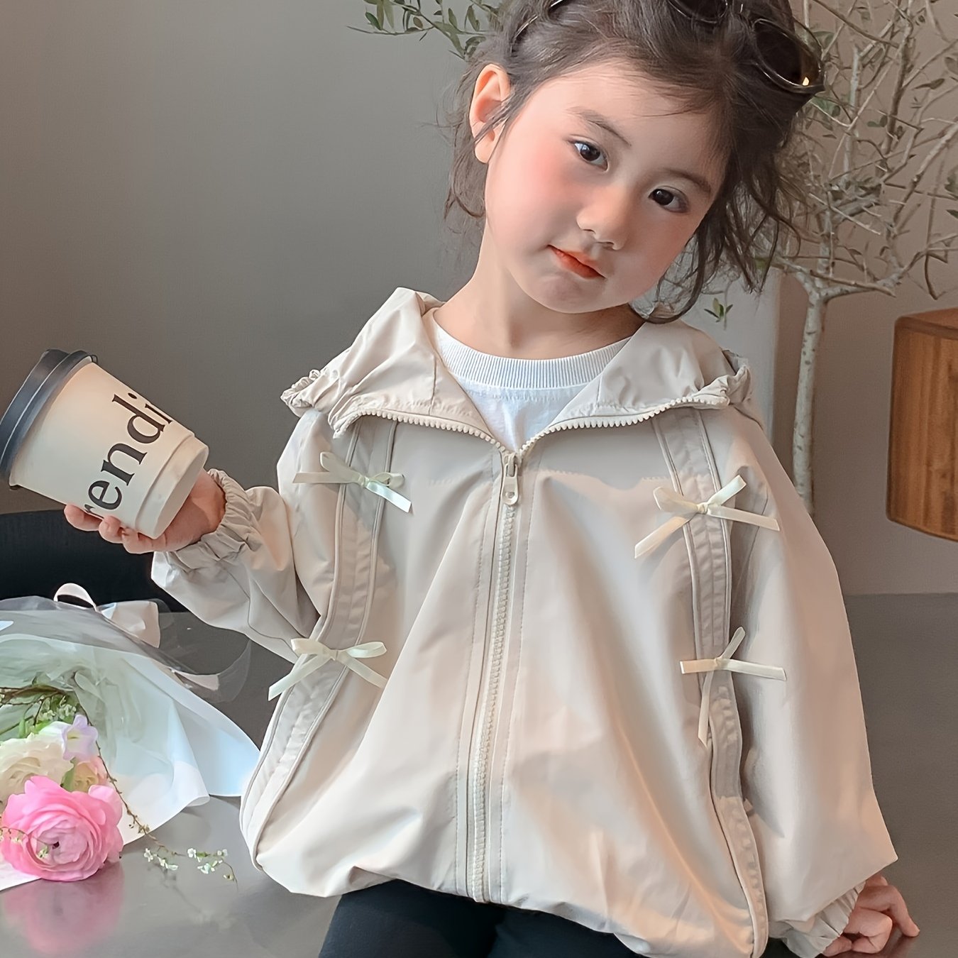 Image of Spring/autumn New Arrival Comfortable And Versatile Trendy Korean Style Loose Fit Zipper Hooded Jacket For Toddlers And Young Children, Outdoor Outing And Playwear With Bow Decoration