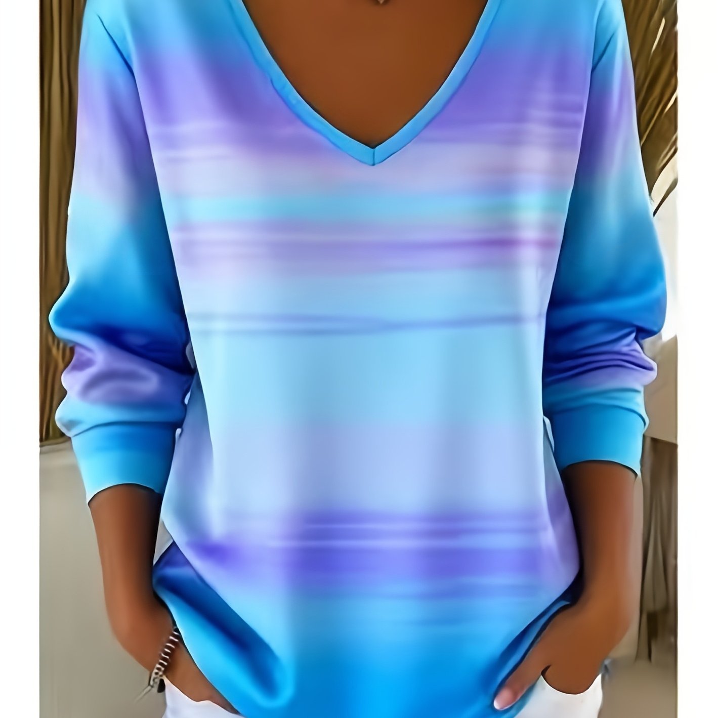 TEMU Women's Retro Color-block Striped Pattern Printed V-neck Long Sleeve T-shirt, Non-sequin. Inner And Outer Wear Casual Top Base Layer Long Sleeve