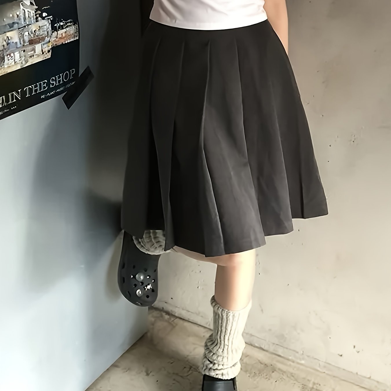 TEMU Jupe plissée mi-longue style preppy décontractée quotidienne taille élastique mi-longue jupe courte couleur unie - [Walk 1]
